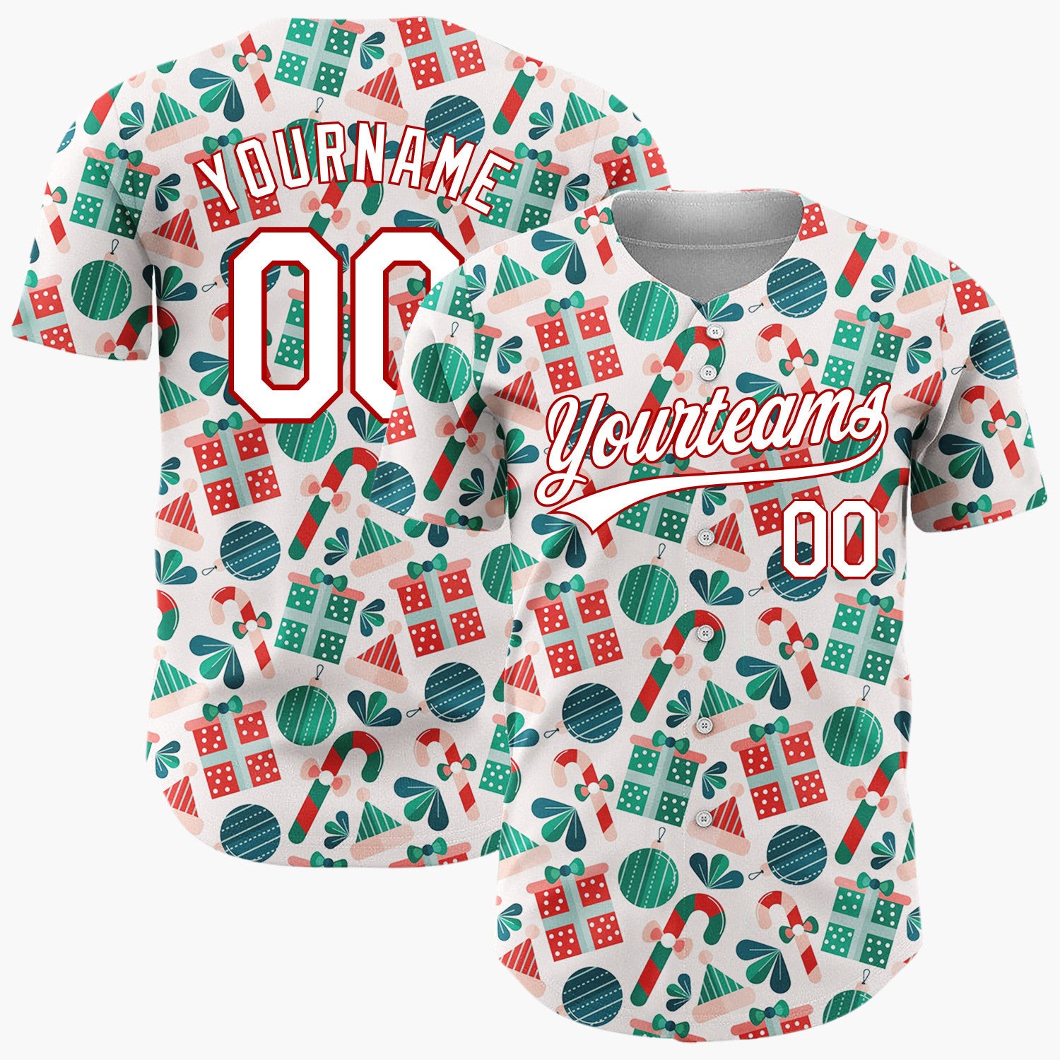 Custom Cream Green Red Festive Gifts And Candy Canes Christmas Baseball Jersey