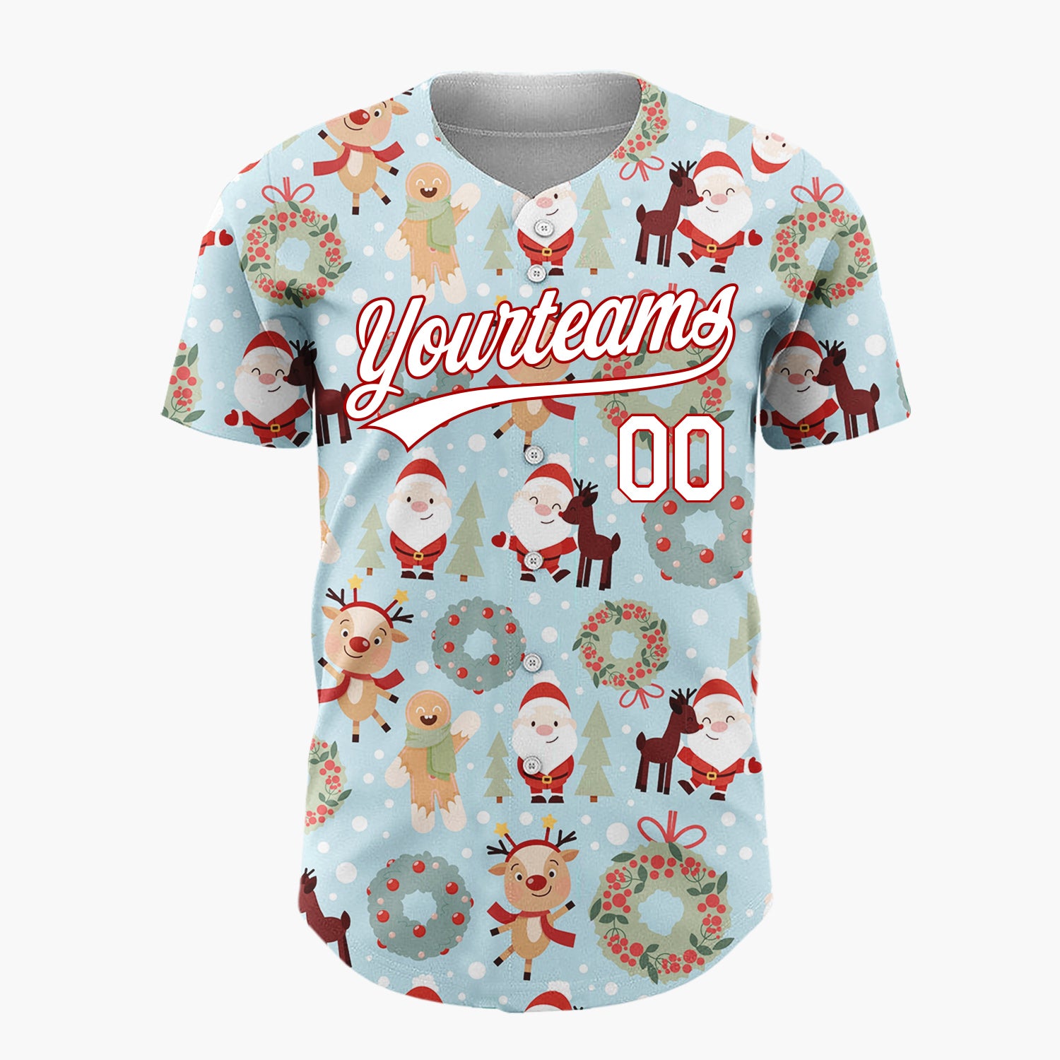Custom Blue Santa Reindeer Wreaths Cute Cartoon Christmas Baseball Jersey