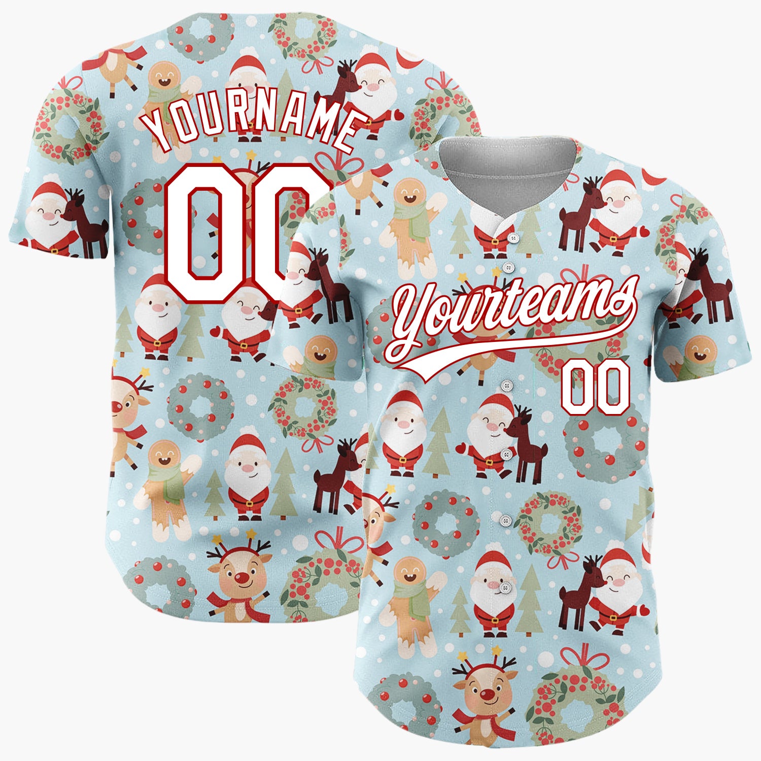 Custom Blue Santa Reindeer Wreaths Cute Cartoon Christmas Baseball Jersey