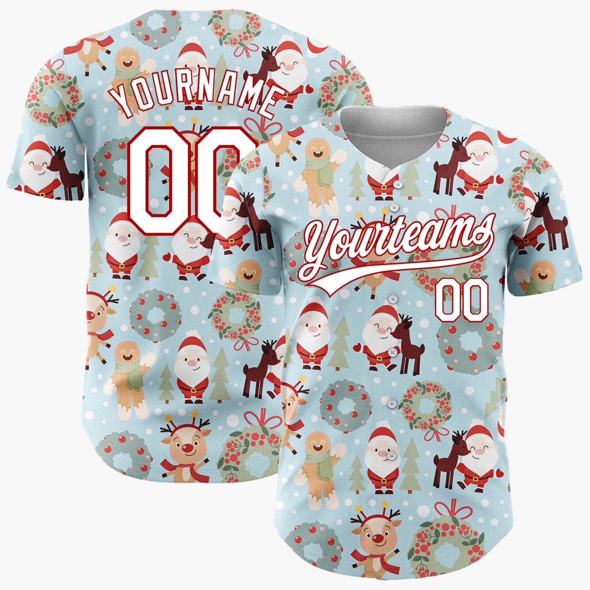 Custom Blue Santa Reindeer Wreaths Cute Cartoon Christmas Baseball Jersey