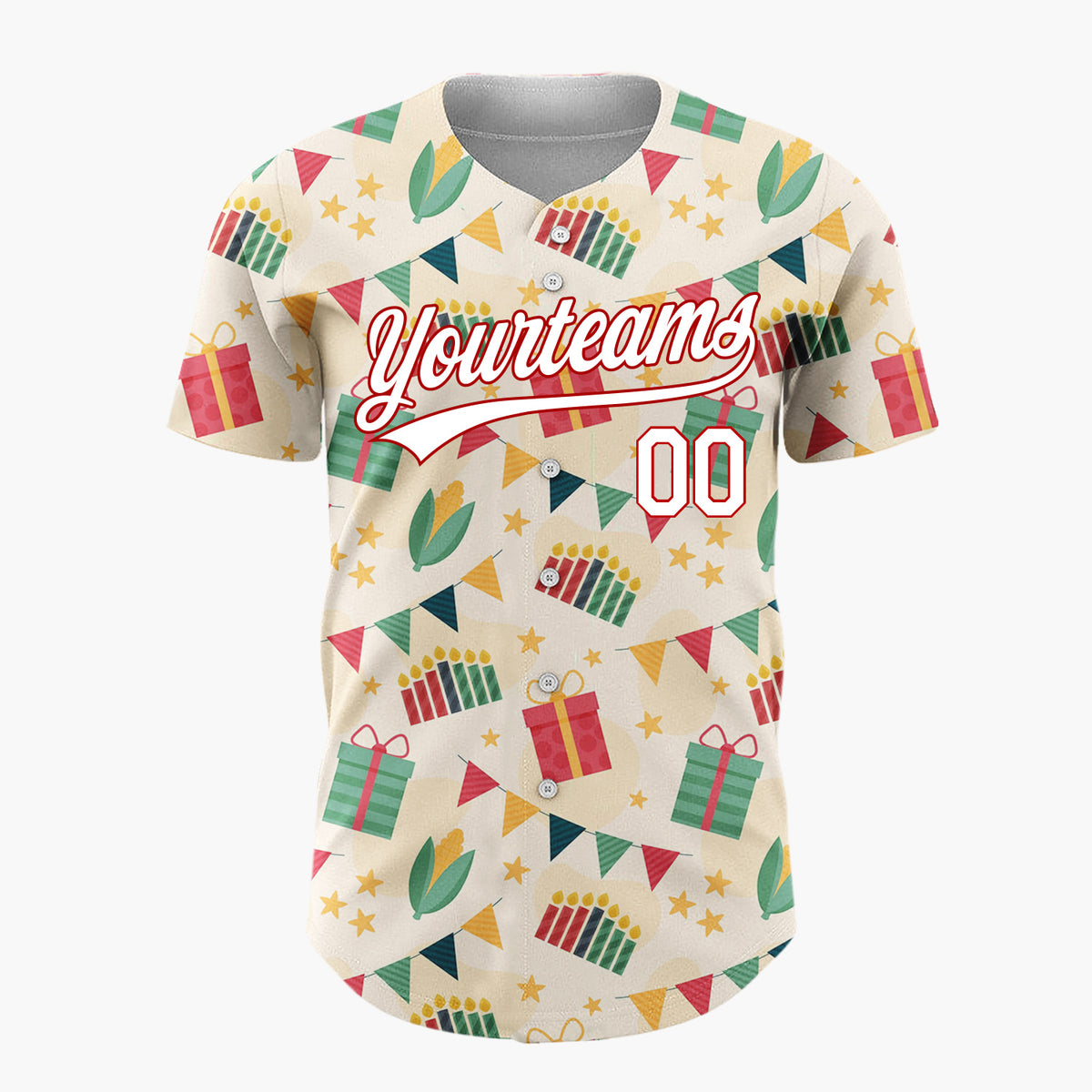 Custom Cream Red Gifts Candles And Banners Festive Celebration Pattern Christmas Baseball Jersey