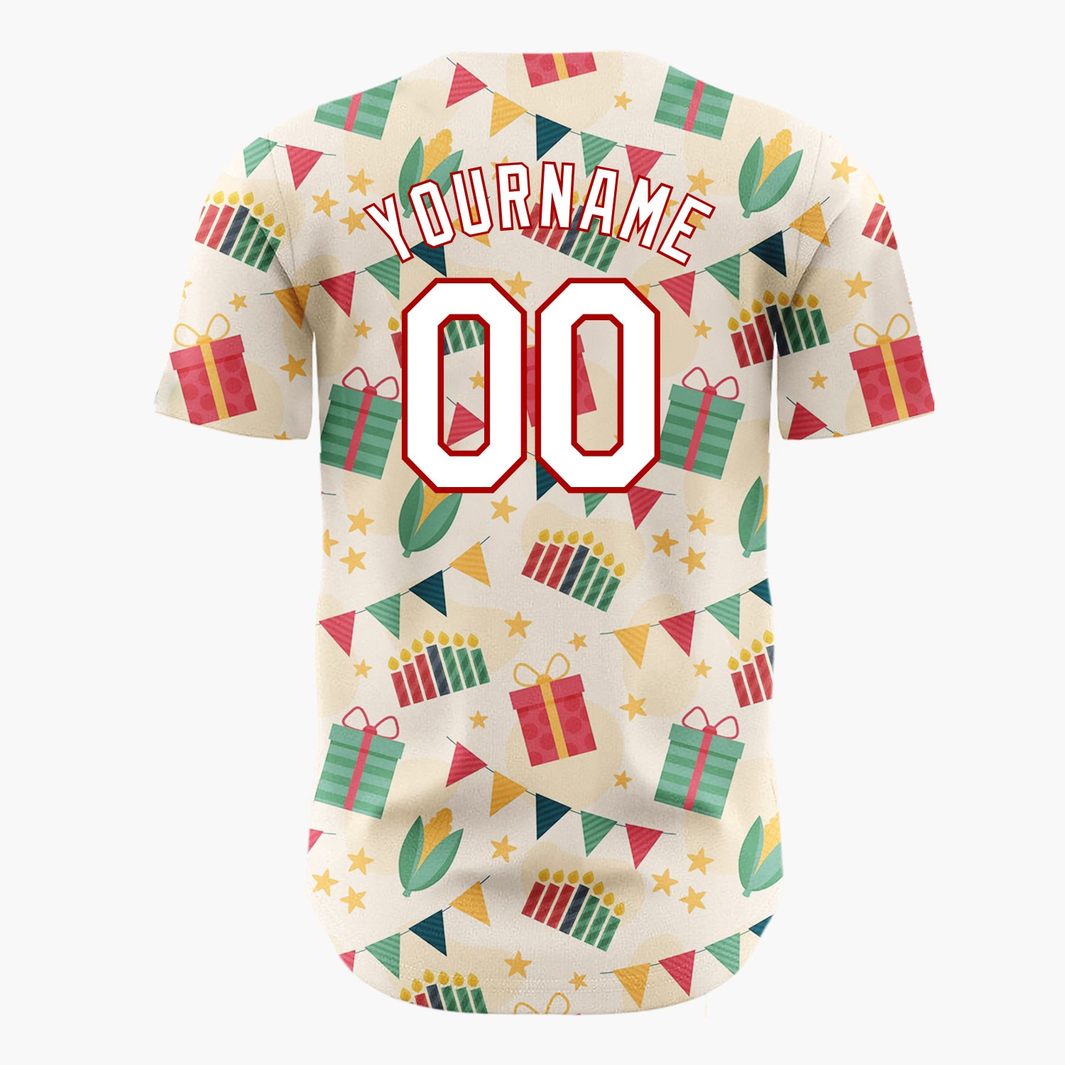 Custom Cream Red Gifts Candles And Banners Festive Celebration Pattern Christmas Baseball Jersey