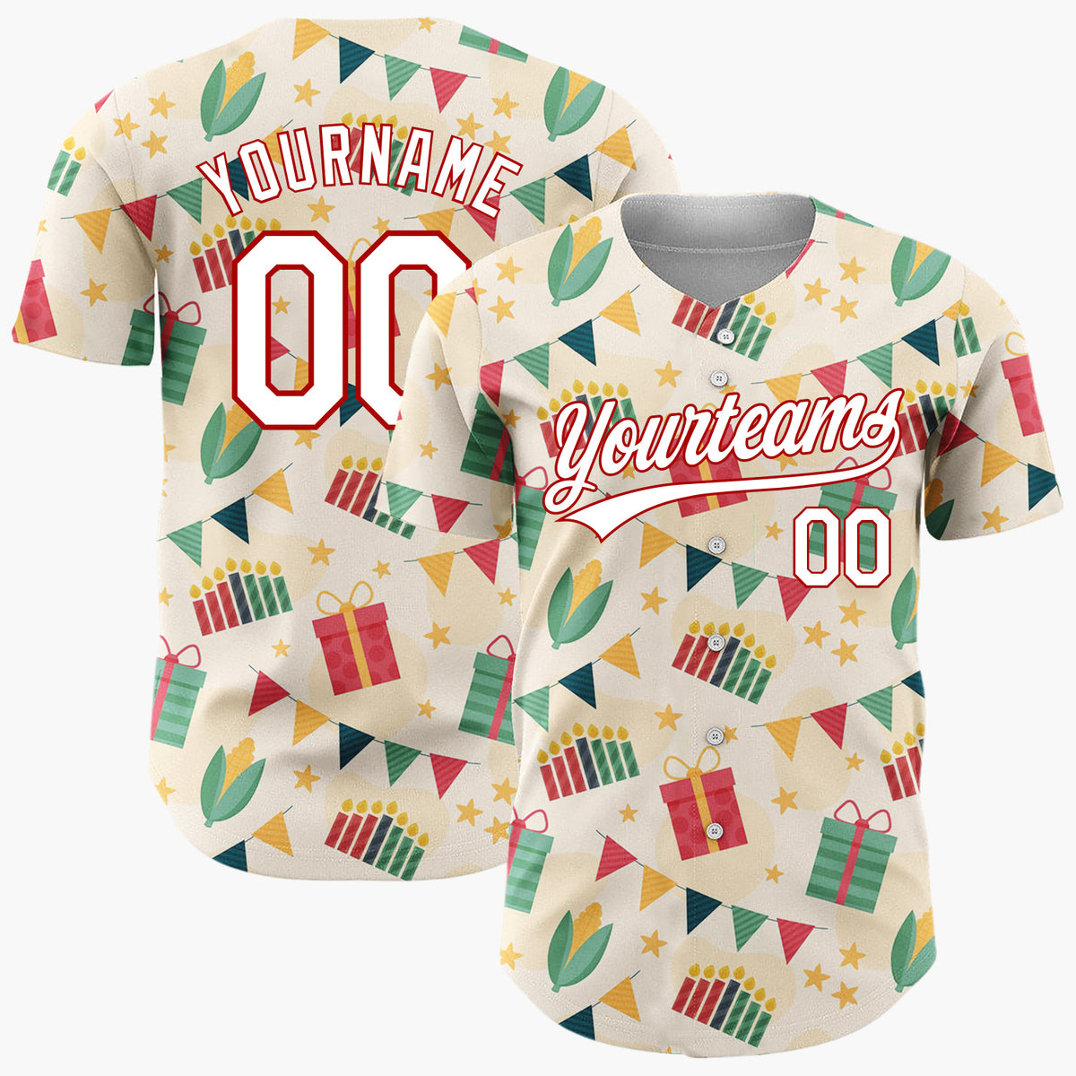 Custom Cream Red Gifts Candles And Banners Festive Celebration Pattern Christmas Baseball Jersey