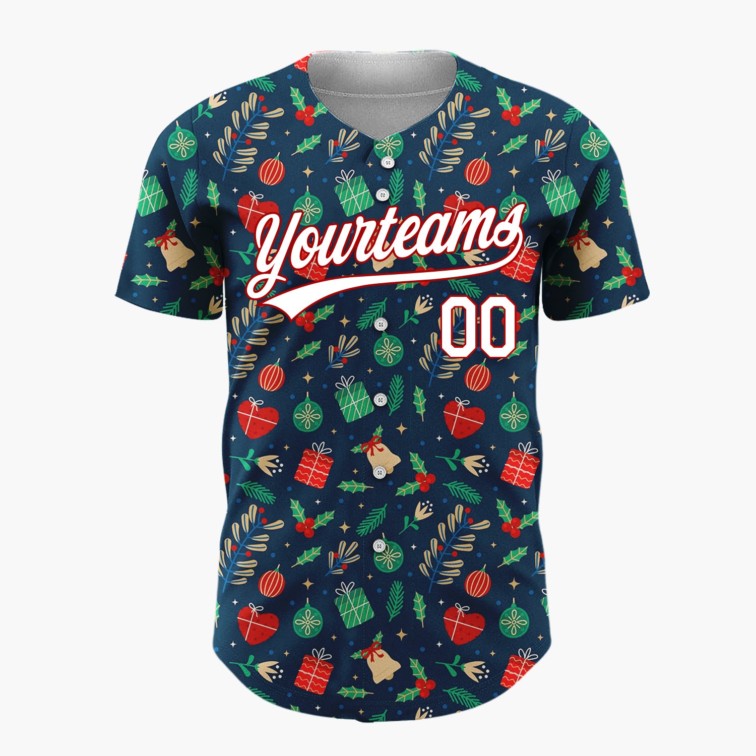 Custom Dark Blue Candy Canes Holly Berries Cartoon Pattern Christmas Baseball Jersey
