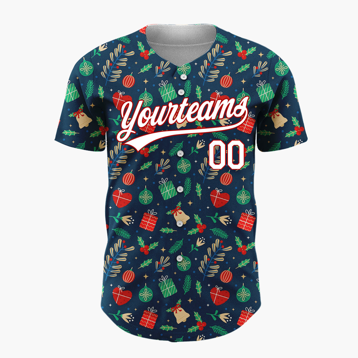 Custom Dark Blue Candy Canes Holly Berries Cartoon Pattern Christmas Baseball Jersey