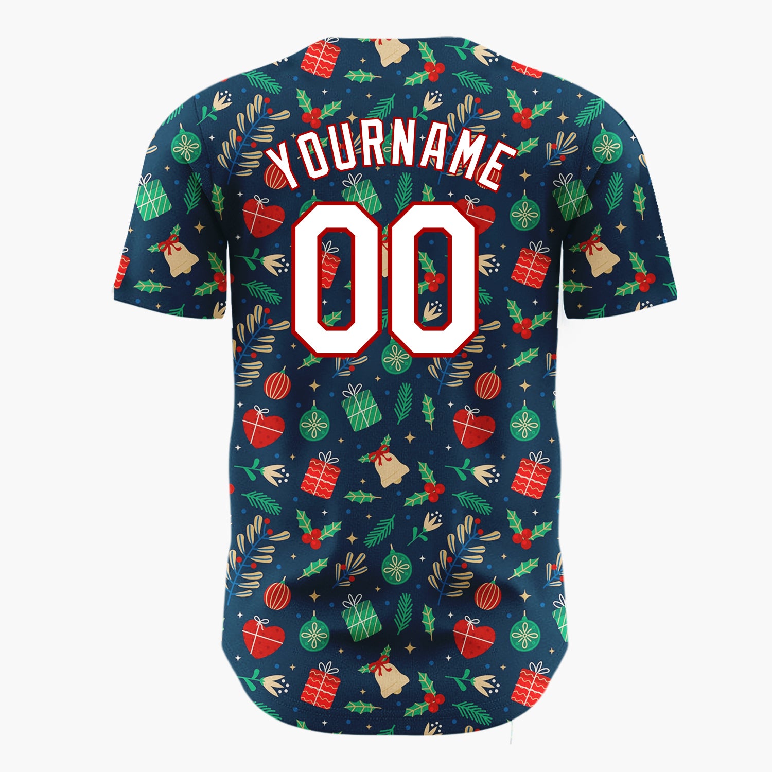 Custom Dark Blue Candy Canes Holly Berries Cartoon Pattern Christmas Baseball Jersey