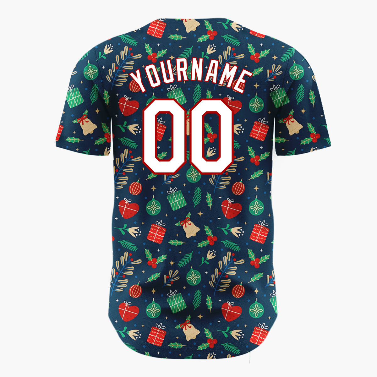 Custom Dark Blue Candy Canes Holly Berries Cartoon Pattern Christmas Baseball Jersey