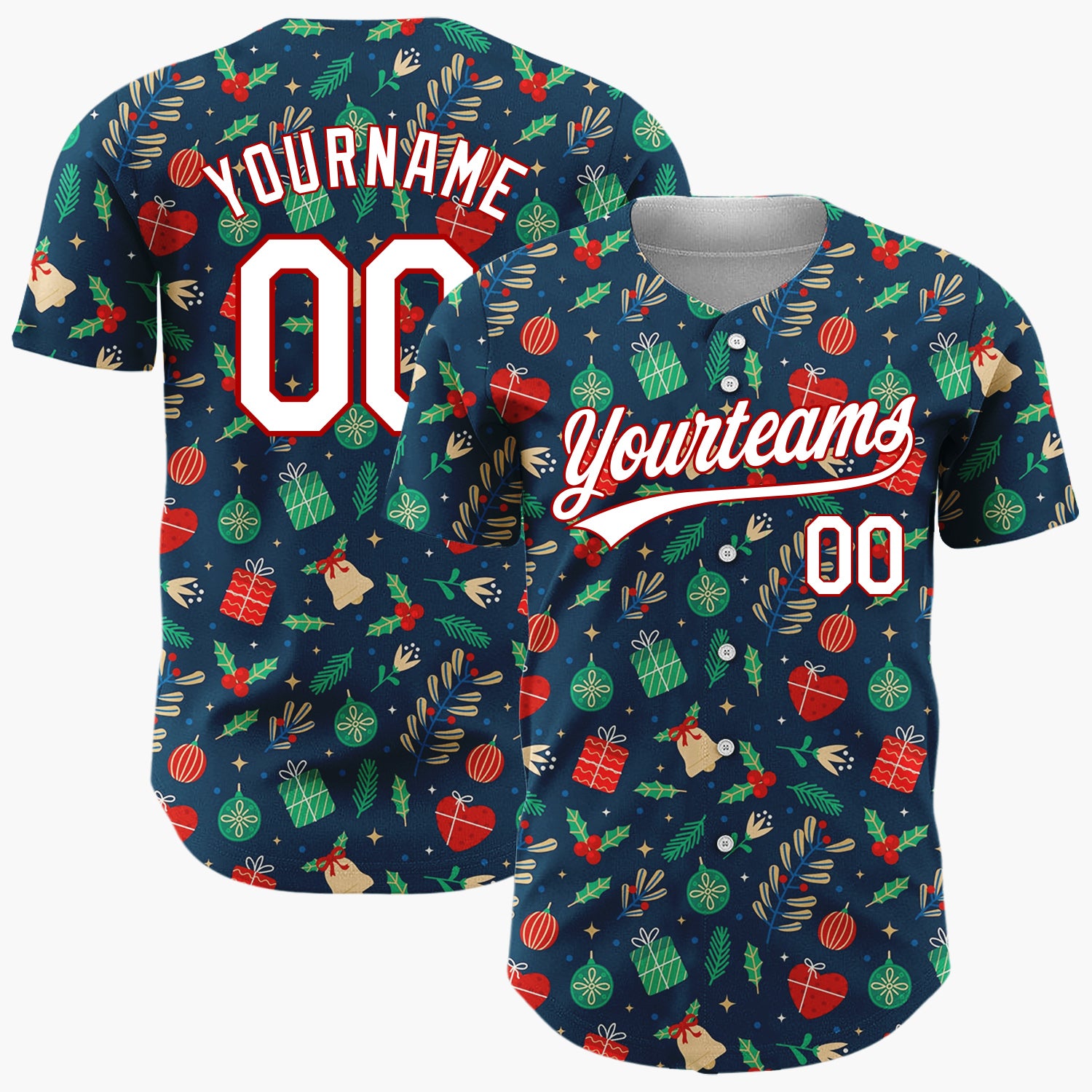 Custom Dark Blue Candy Canes Holly Berries Cartoon Pattern Christmas Baseball Jersey