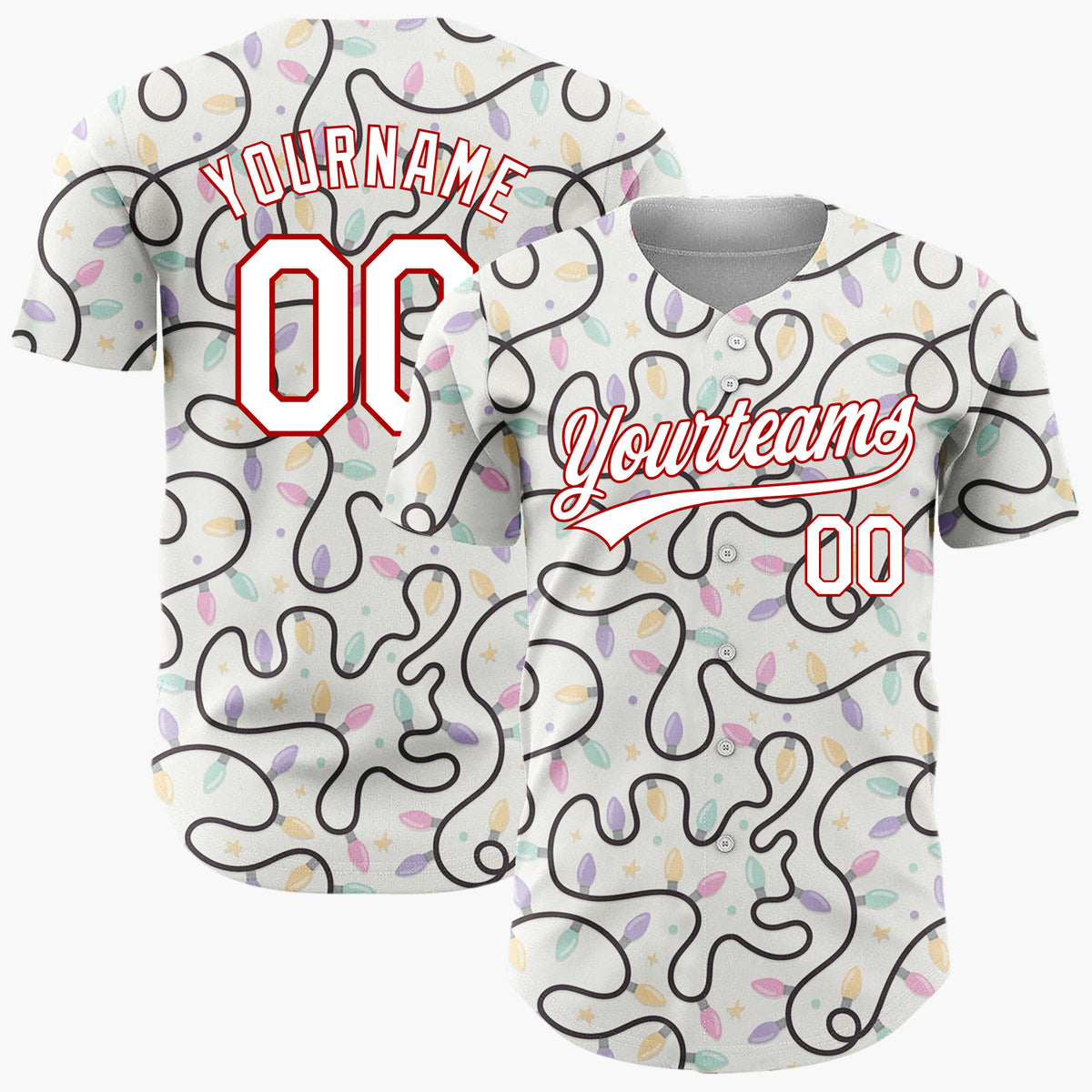 Custom Cream Swirling Christmas Lights Stars Modern Whimsical Pattern Christmas Baseball Jersey
