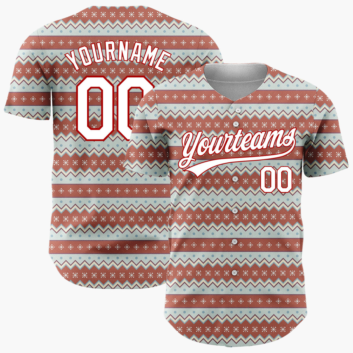 Custom Brown Blue Snowflakes Chevrons And Dots Christmas Nordic Pattern Christmas Baseball Jersey