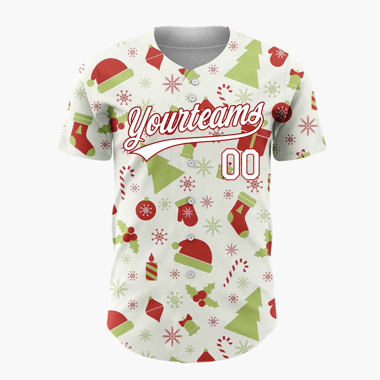 Custom Cream Red And Green Holiday Icons Folk Christmas Baseball Jersey