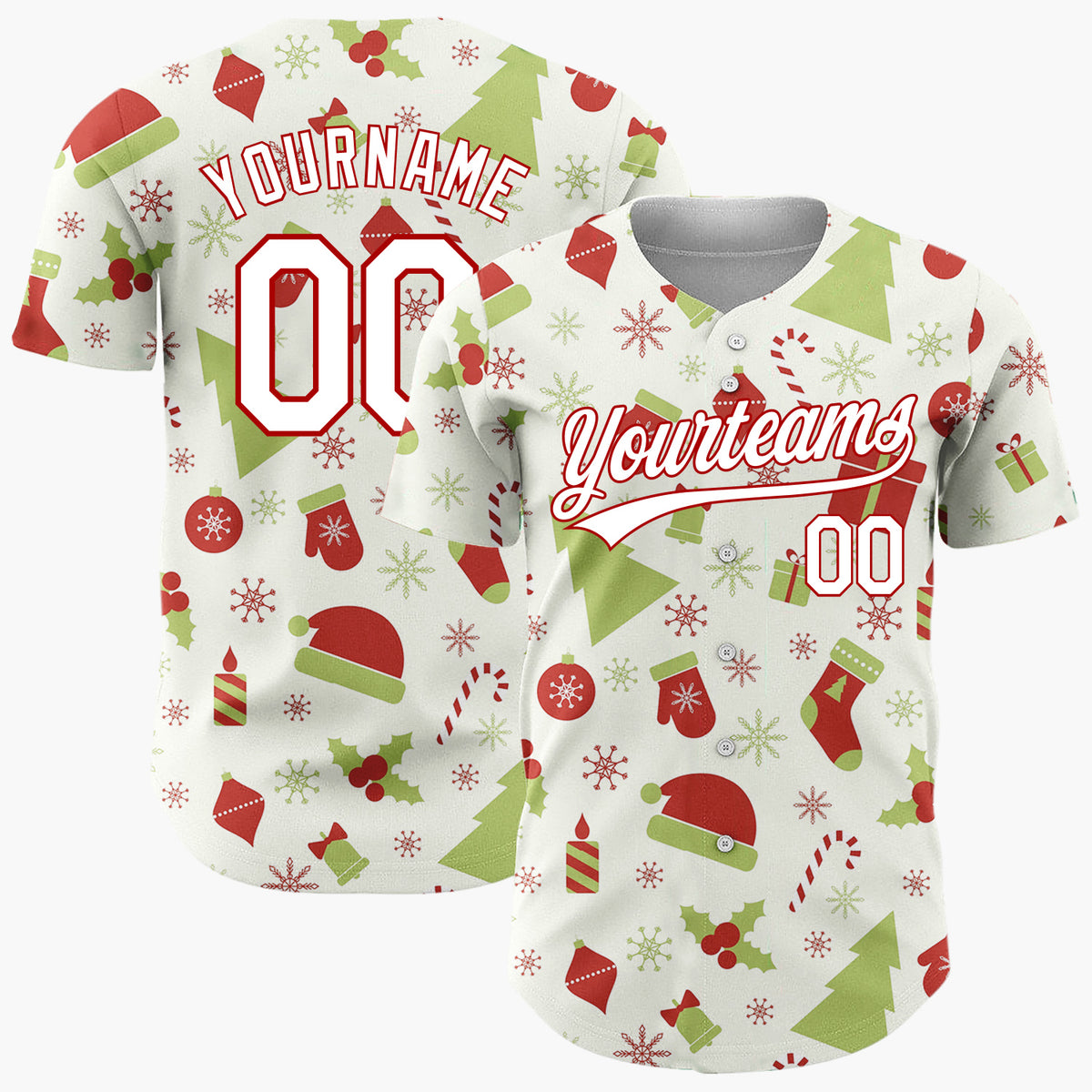 Custom Cream Red And Green Holiday Icons Folk Christmas Baseball Jersey