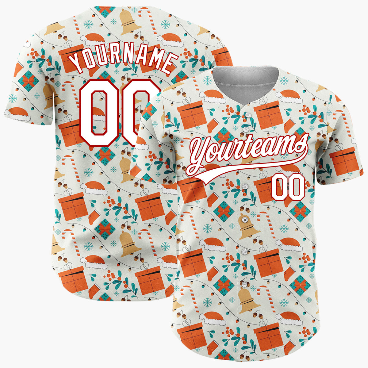 Custom Cream Orange Gift Box Bell Botanical Christmas Baseball Jersey