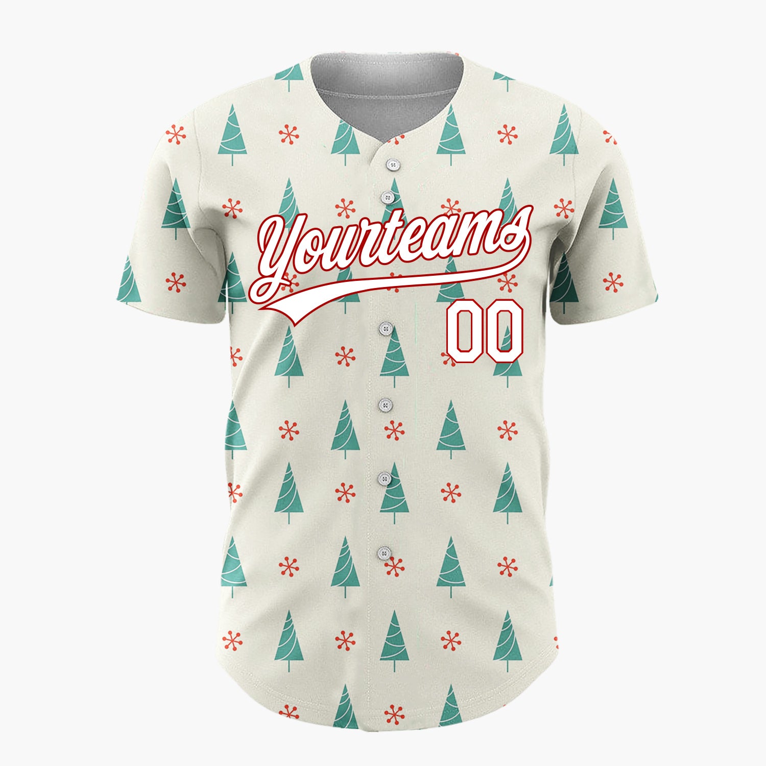 Custom Cream Teal Trees Red Snowflakes Mid Century Modern Christmas Baseball Jersey
