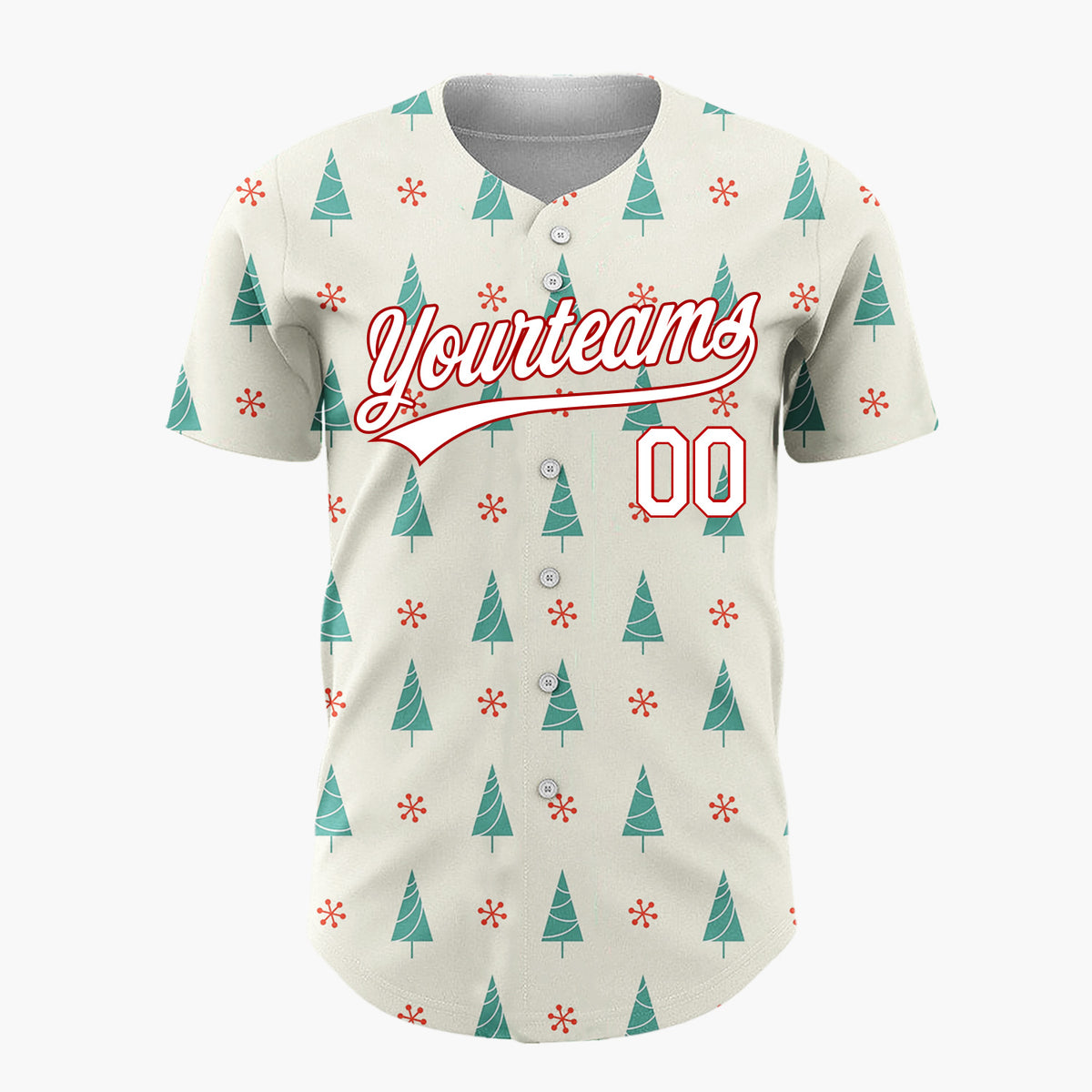 Custom Cream Teal Trees Red Snowflakes Mid Century Modern Christmas Baseball Jersey