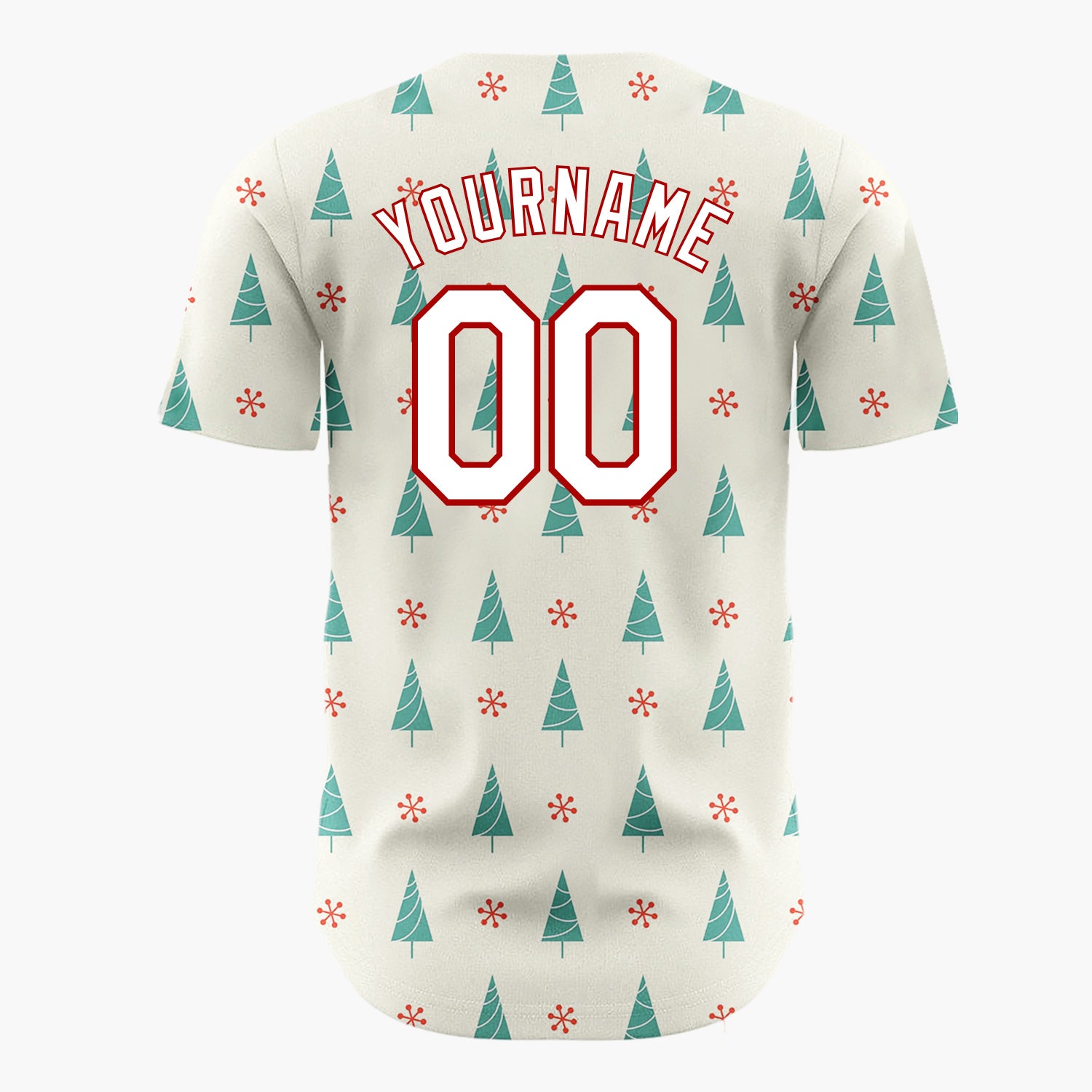 Custom Cream Teal Trees Red Snowflakes Mid Century Modern Christmas Baseball Jersey