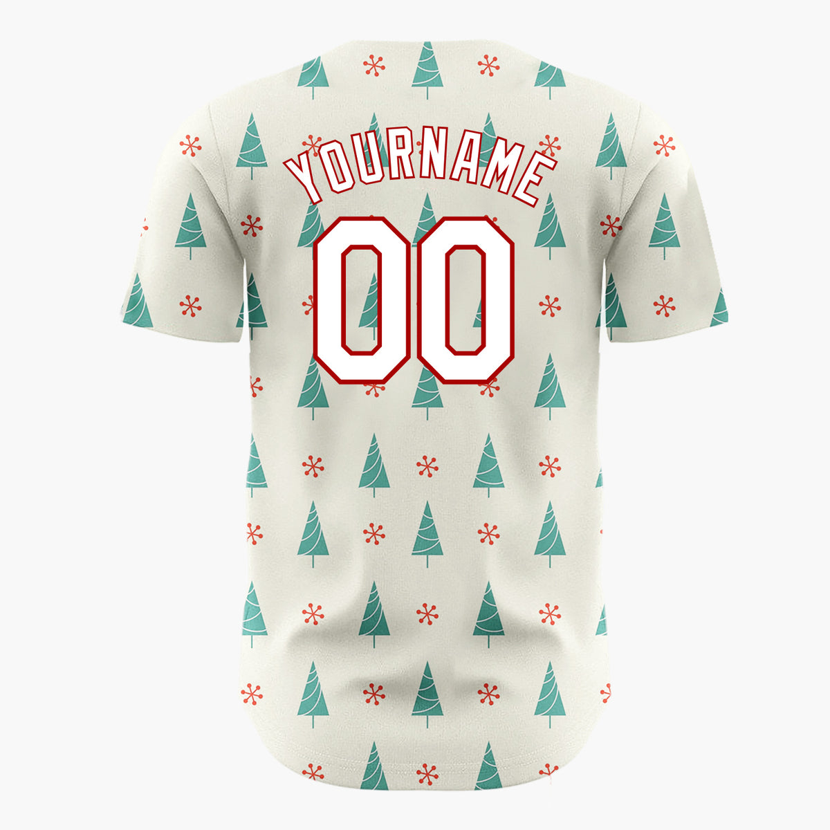 Custom Cream Teal Trees Red Snowflakes Mid Century Modern Christmas Baseball Jersey
