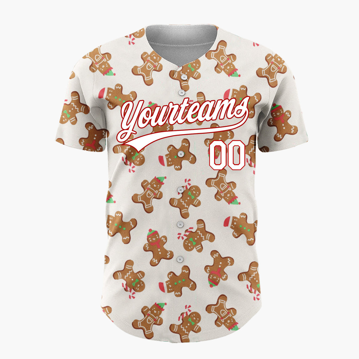 Custom Cream Brown Gingerbread Men Candy Canes And Hats Christmas Baseball Jersey