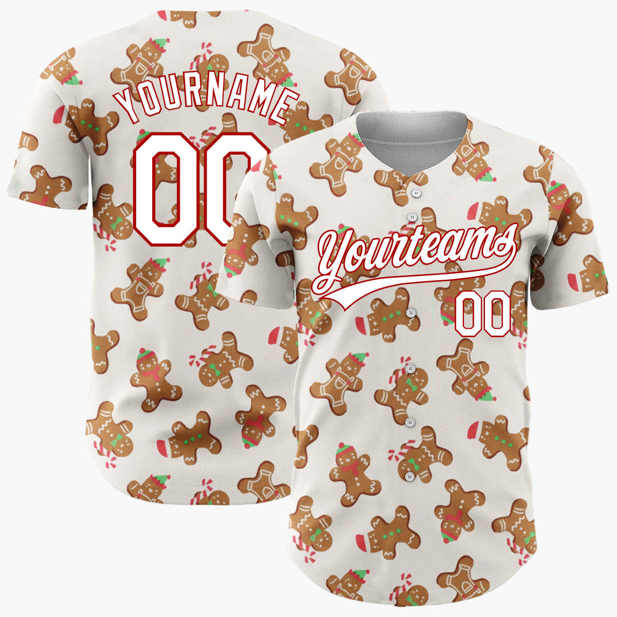 Custom Cream Brown Gingerbread Men Candy Canes And Hats Christmas Baseball Jersey
