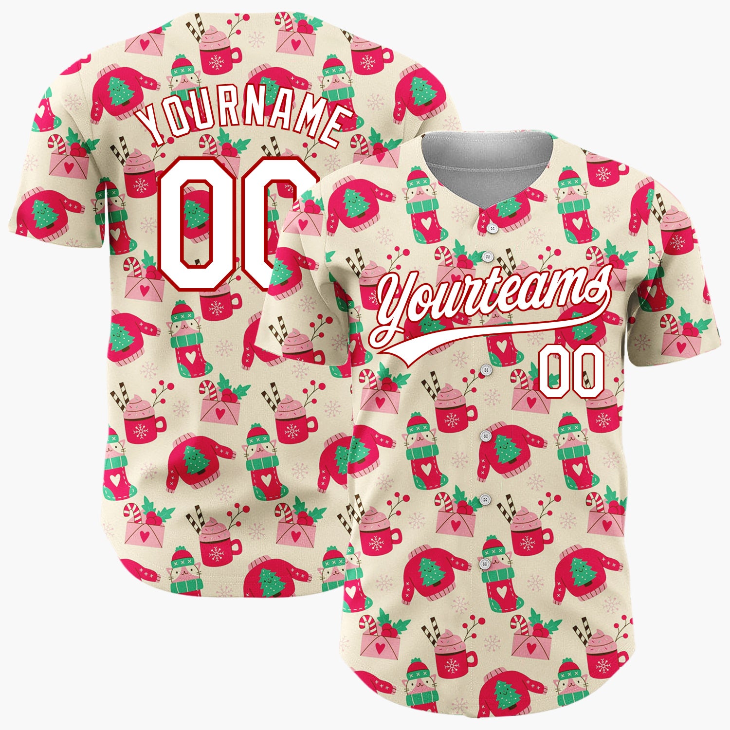Custom Cream Pink Red Cute Cozy Items Christmas Baseball Jersey