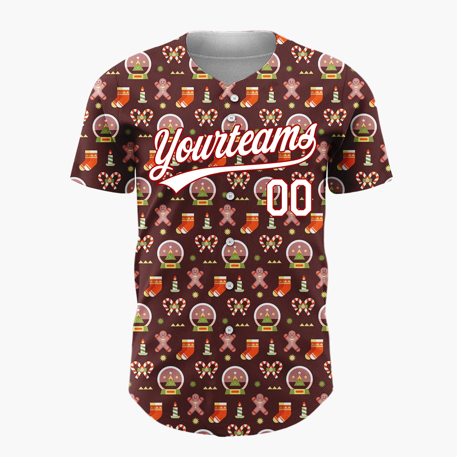 Custom Brown Red Gingerbread Man Snow Globe Candy Cane Christmas Baseball Jersey