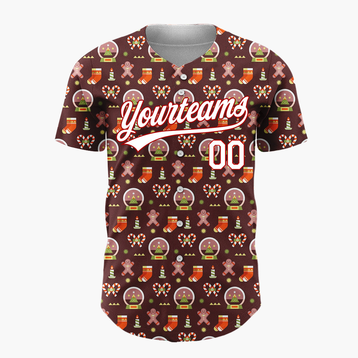 Custom Brown Red Gingerbread Man Snow Globe Candy Cane Christmas Baseball Jersey