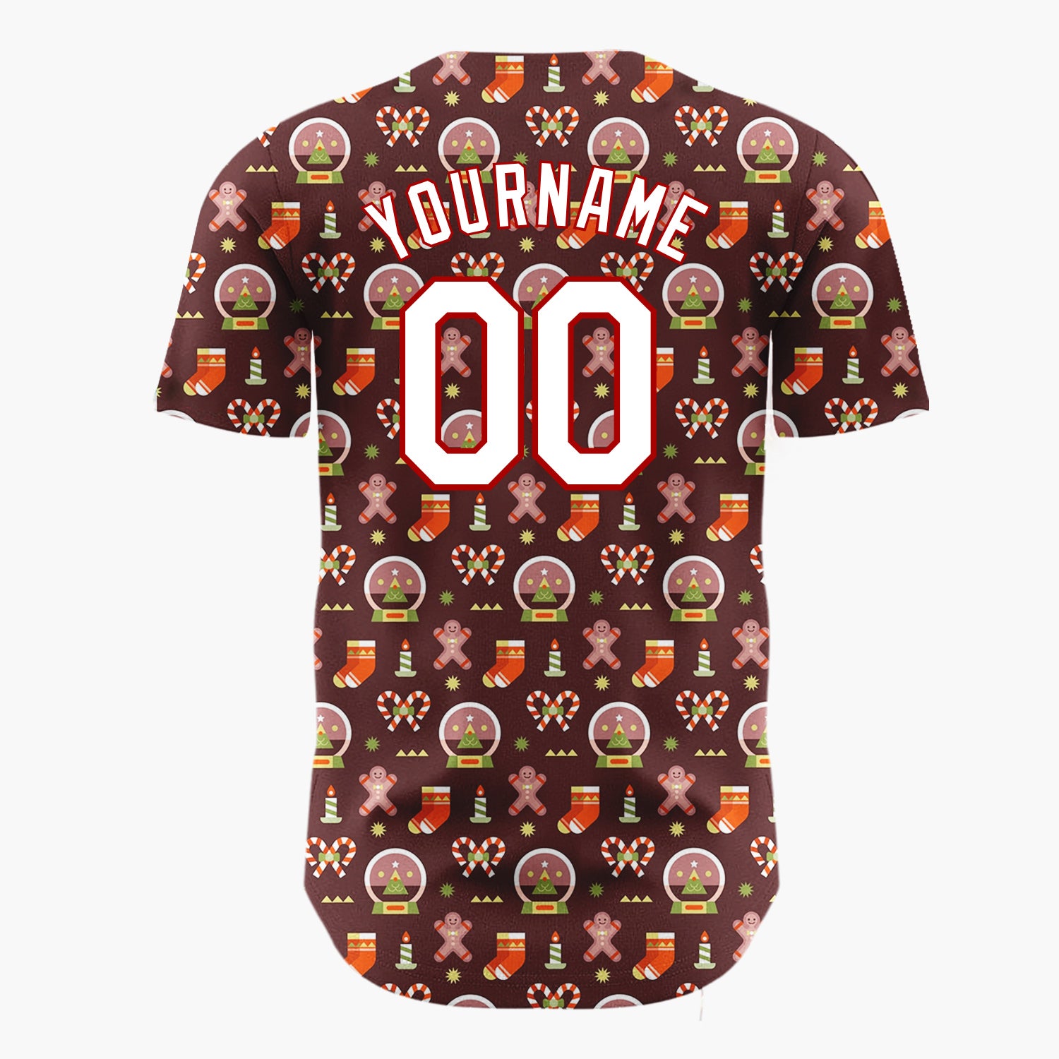 Custom Brown Red Gingerbread Man Snow Globe Candy Cane Christmas Baseball Jersey