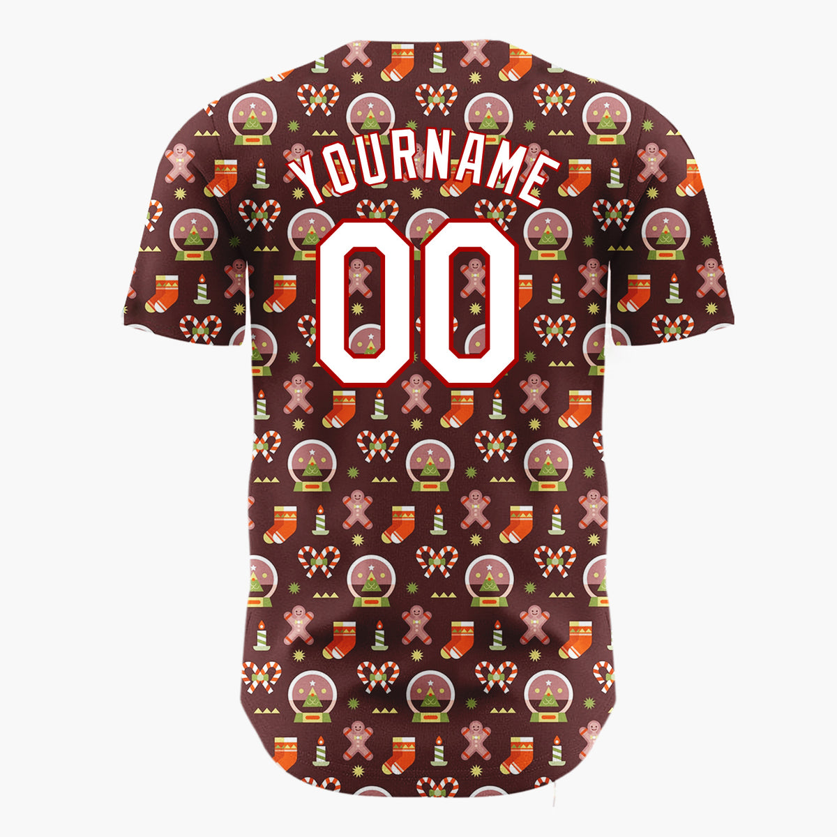 Custom Brown Red Gingerbread Man Snow Globe Candy Cane Christmas Baseball Jersey