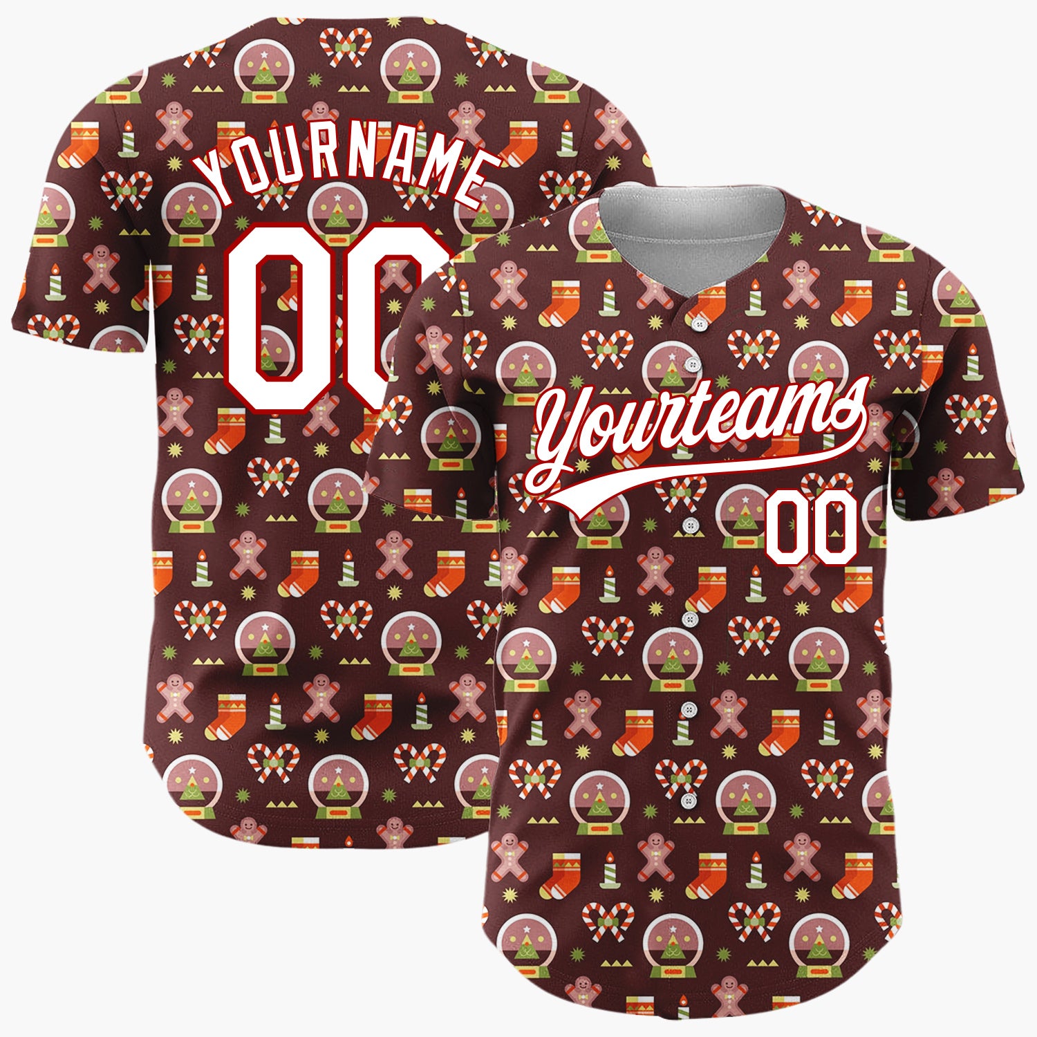 Custom Brown Red Gingerbread Man Snow Globe Candy Cane Christmas Baseball Jersey