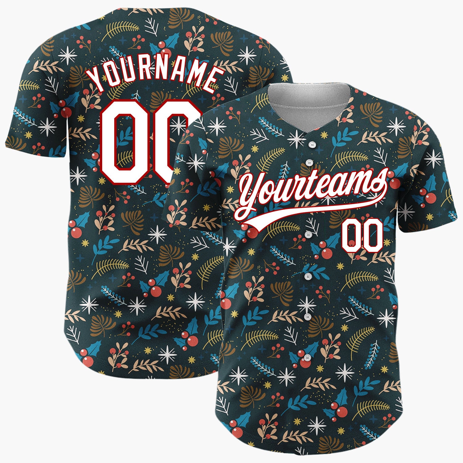 Custom Dark Blue Christmas Foliage Stars Cartoon Pattern Christmas Baseball Jersey