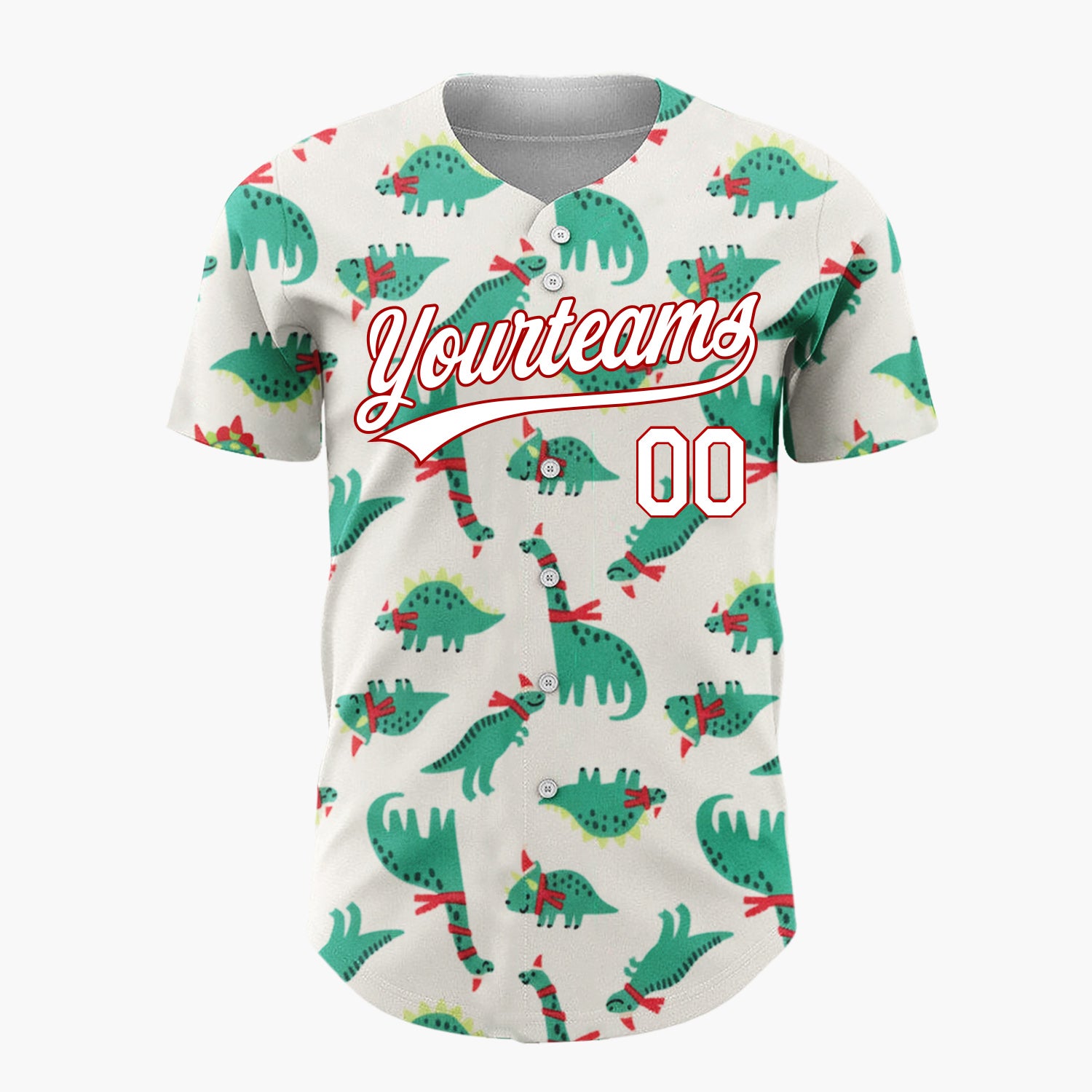 Custom Cream Green Dinosaurs With Scarves Cute Christmas Baseball Jersey