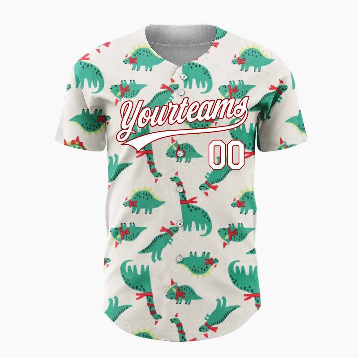 Custom Cream Green Dinosaurs With Scarves Cute Christmas Baseball Jersey