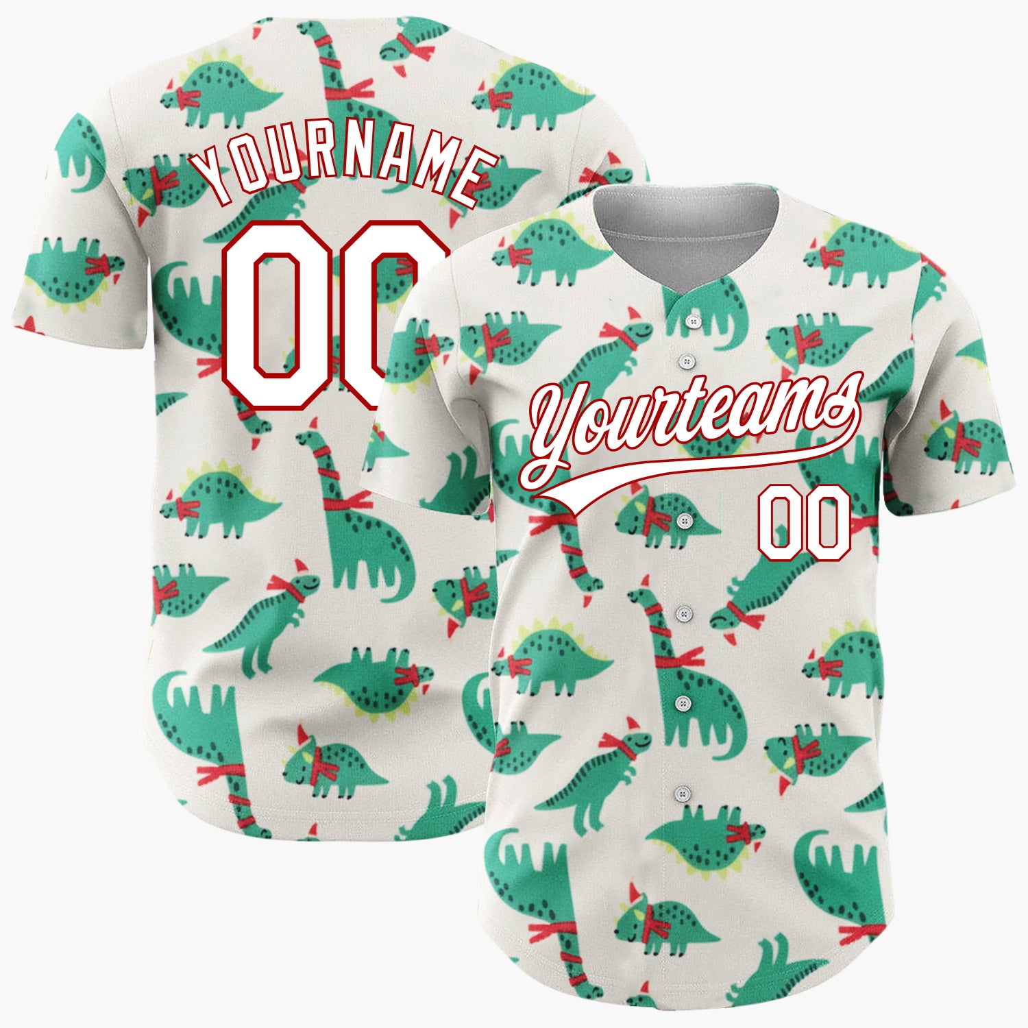 Custom Cream Green Dinosaurs With Scarves Cute Christmas Baseball Jersey