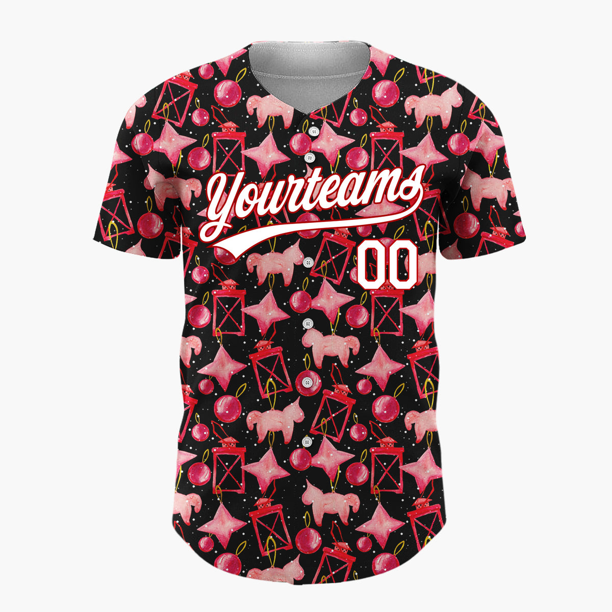 Custom Black Red Ornament And Horse Watercolor Pattern Christmas Baseball Jersey