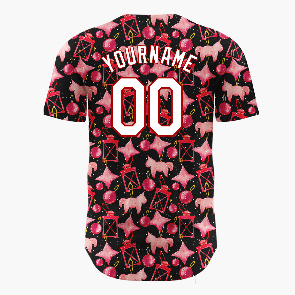 Custom Black Red Ornament And Horse Watercolor Pattern Christmas Baseball Jersey