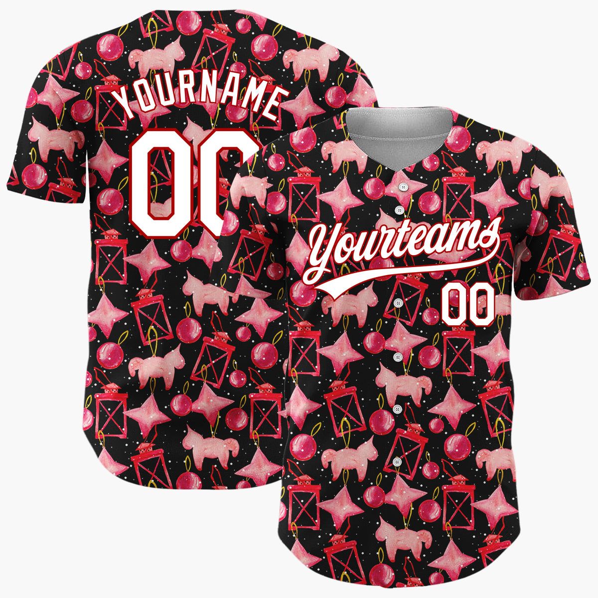 Custom Black Red Ornament And Horse Watercolor Pattern Christmas Baseball Jersey