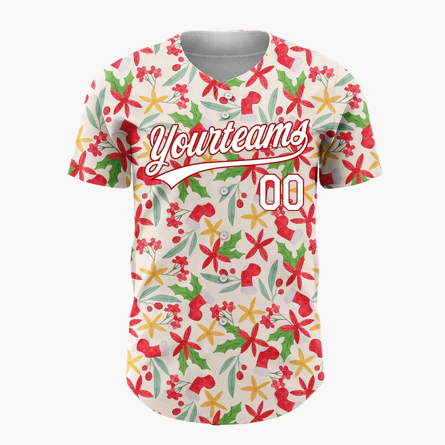 Custom Cream Red Green Poinsettias And Stockings Elegant Floral Pattern Christmas Baseball Jersey