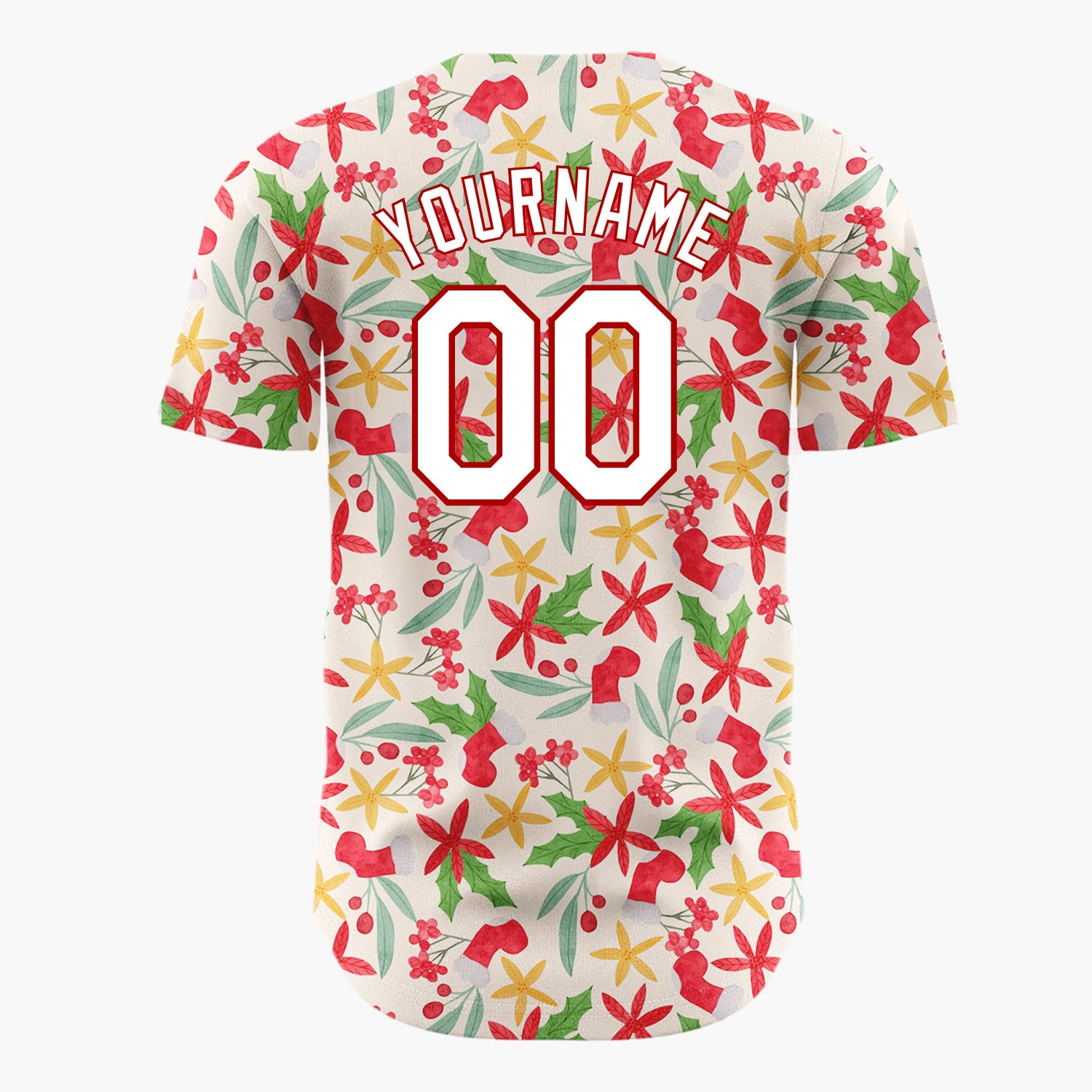 Custom Cream Red Green Poinsettias And Stockings Elegant Floral Pattern Christmas Baseball Jersey