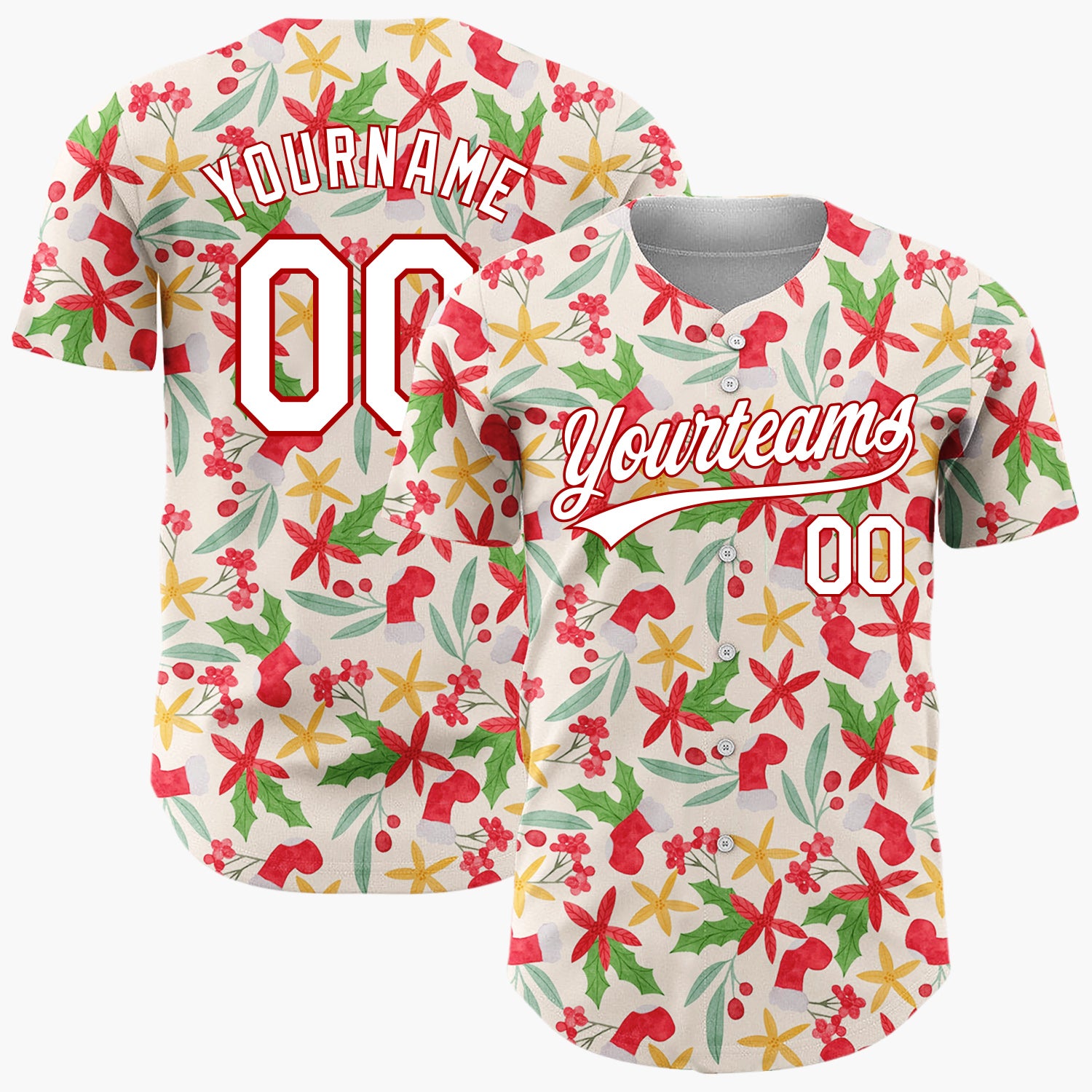 Custom Cream Red Green Poinsettias And Stockings Elegant Floral Pattern Christmas Baseball Jersey