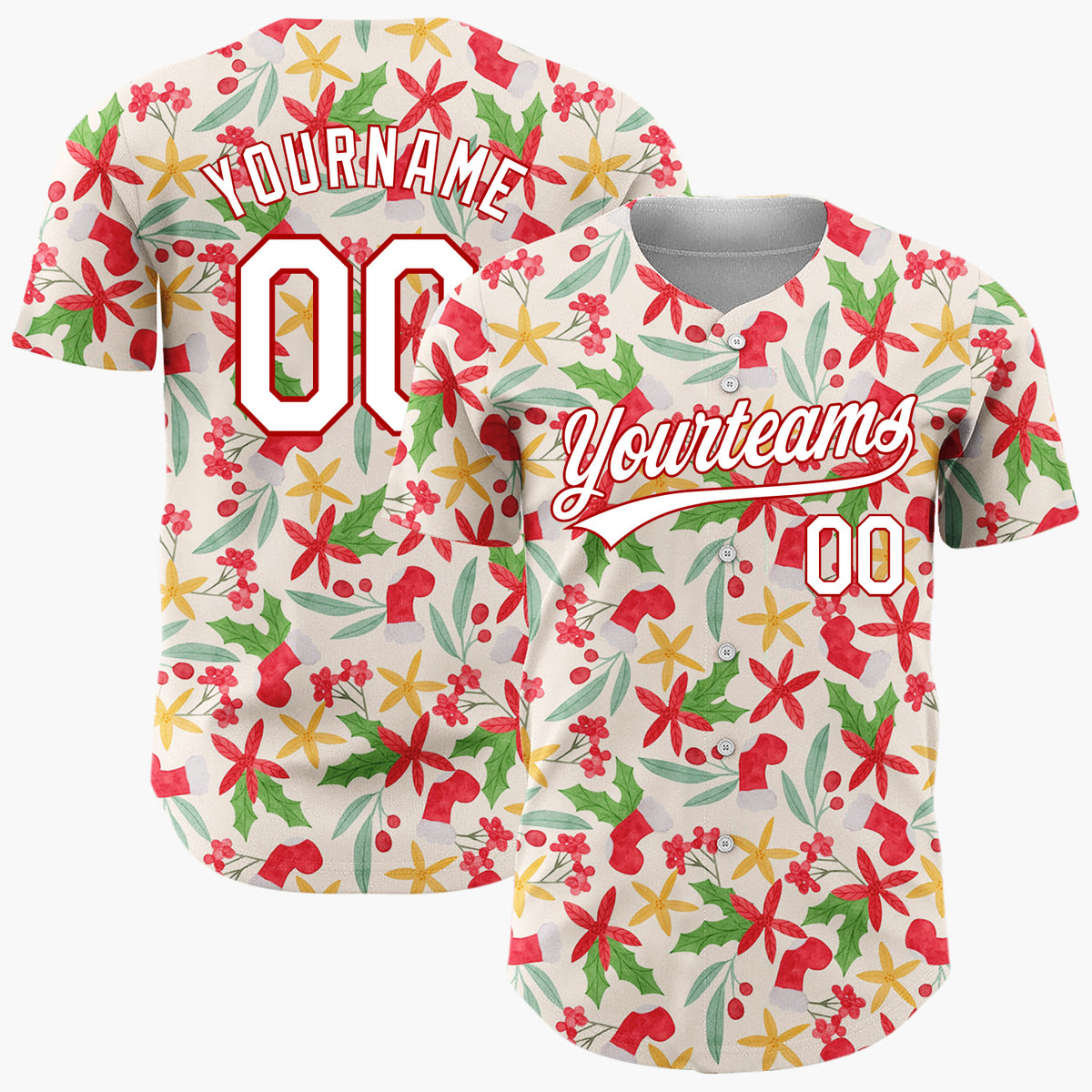 Custom Cream Red Green Poinsettias And Stockings Elegant Floral Pattern Christmas Baseball Jersey