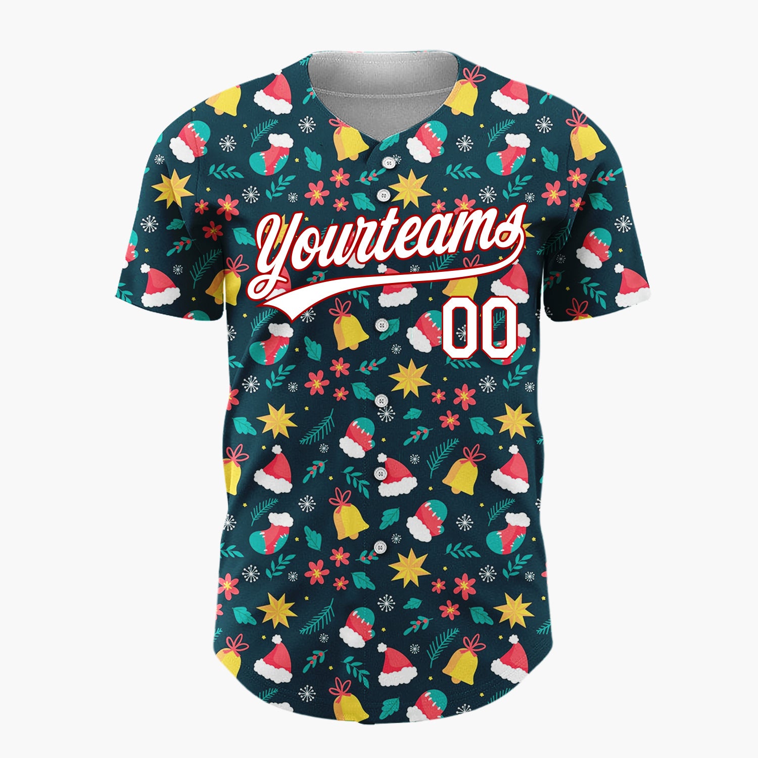 Custom Dark Blue Christmas Icons Winter Whimsy Cartoon Pattern Christmas Baseball Jersey