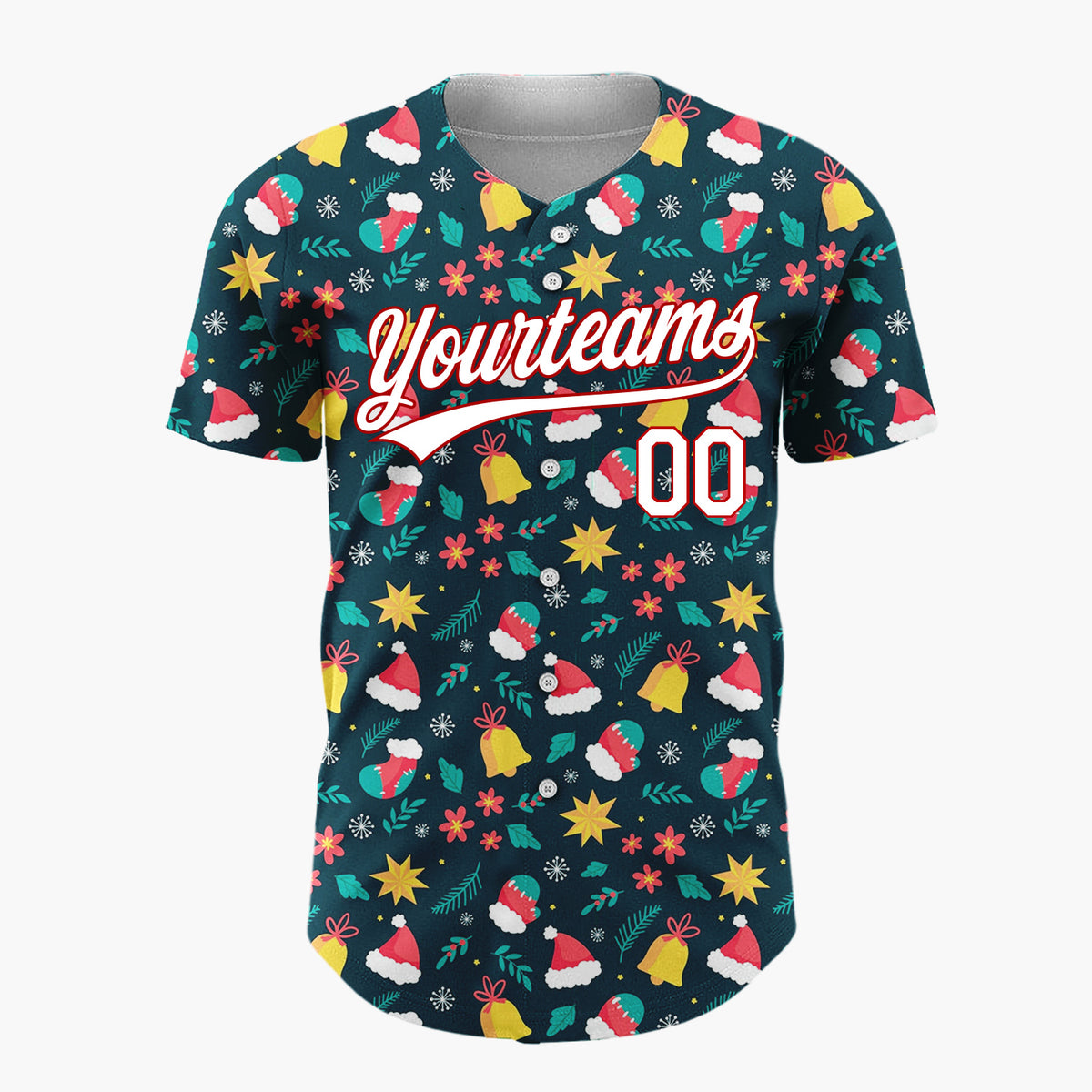 Custom Dark Blue Christmas Icons Winter Whimsy Cartoon Pattern Christmas Baseball Jersey