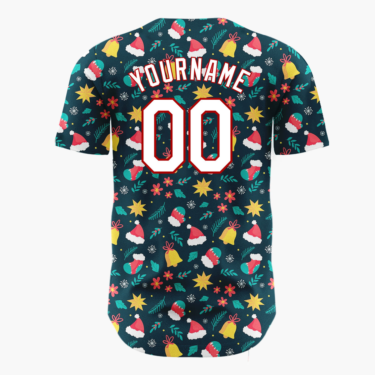 Custom Dark Blue Christmas Icons Winter Whimsy Cartoon Pattern Christmas Baseball Jersey