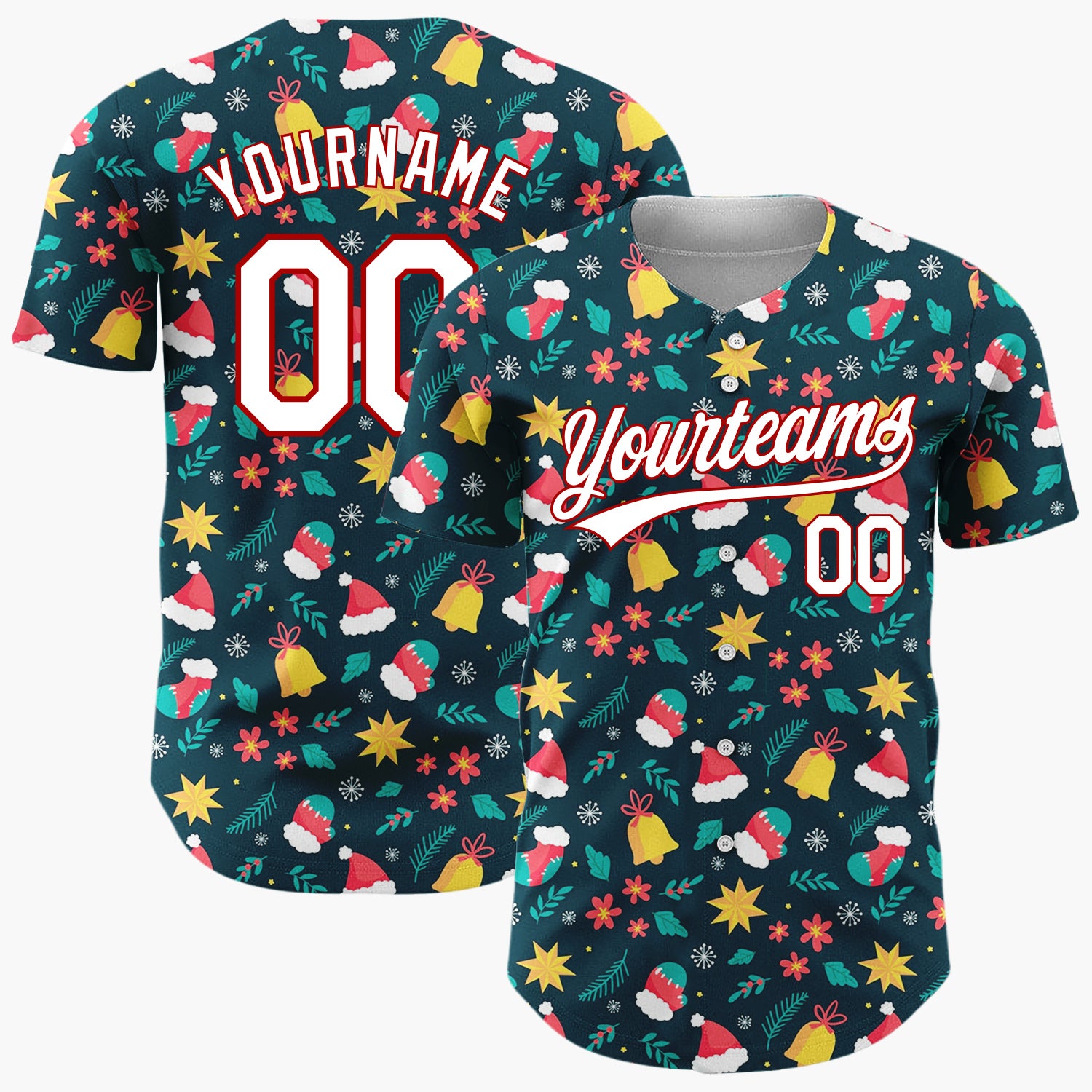 Custom Dark Blue Christmas Icons Winter Whimsy Cartoon Pattern Christmas Baseball Jersey