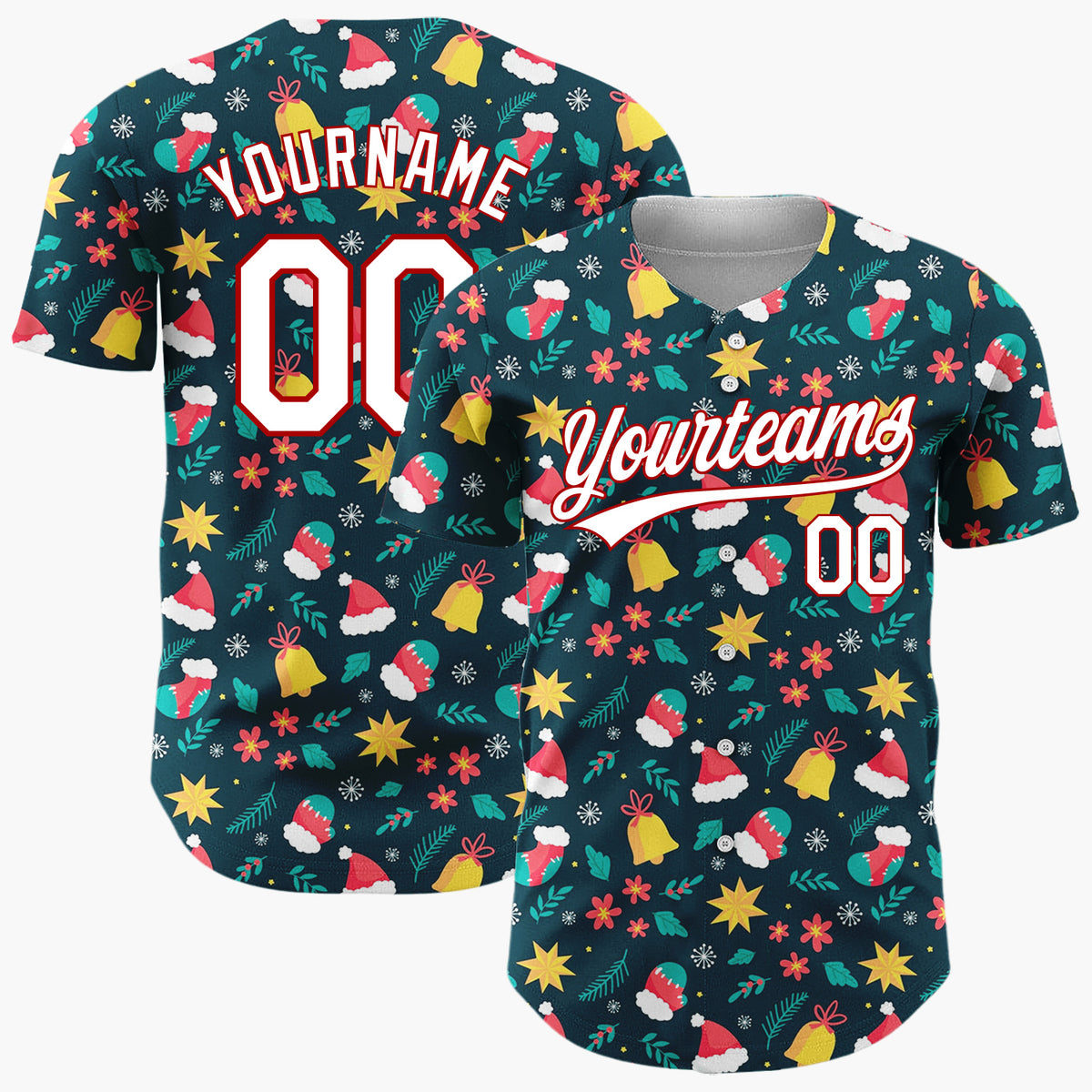 Custom Dark Blue Christmas Icons Winter Whimsy Cartoon Pattern Christmas Baseball Jersey