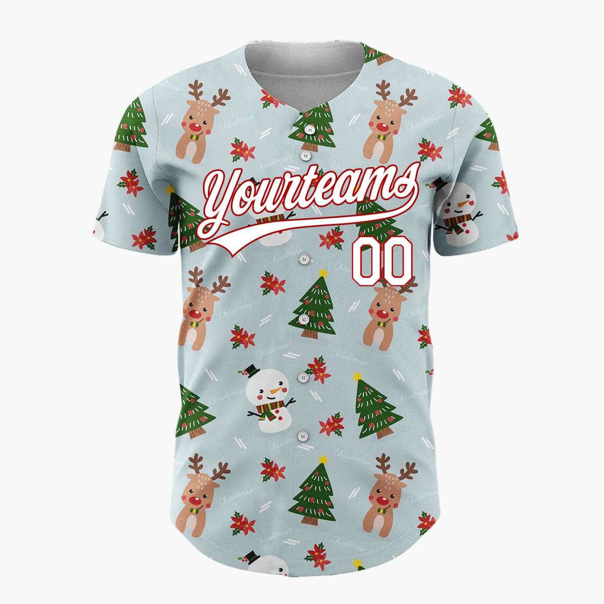 Custom Blue Snowmen Reindeer Trees Cute Cartoon Christmas Baseball Jersey