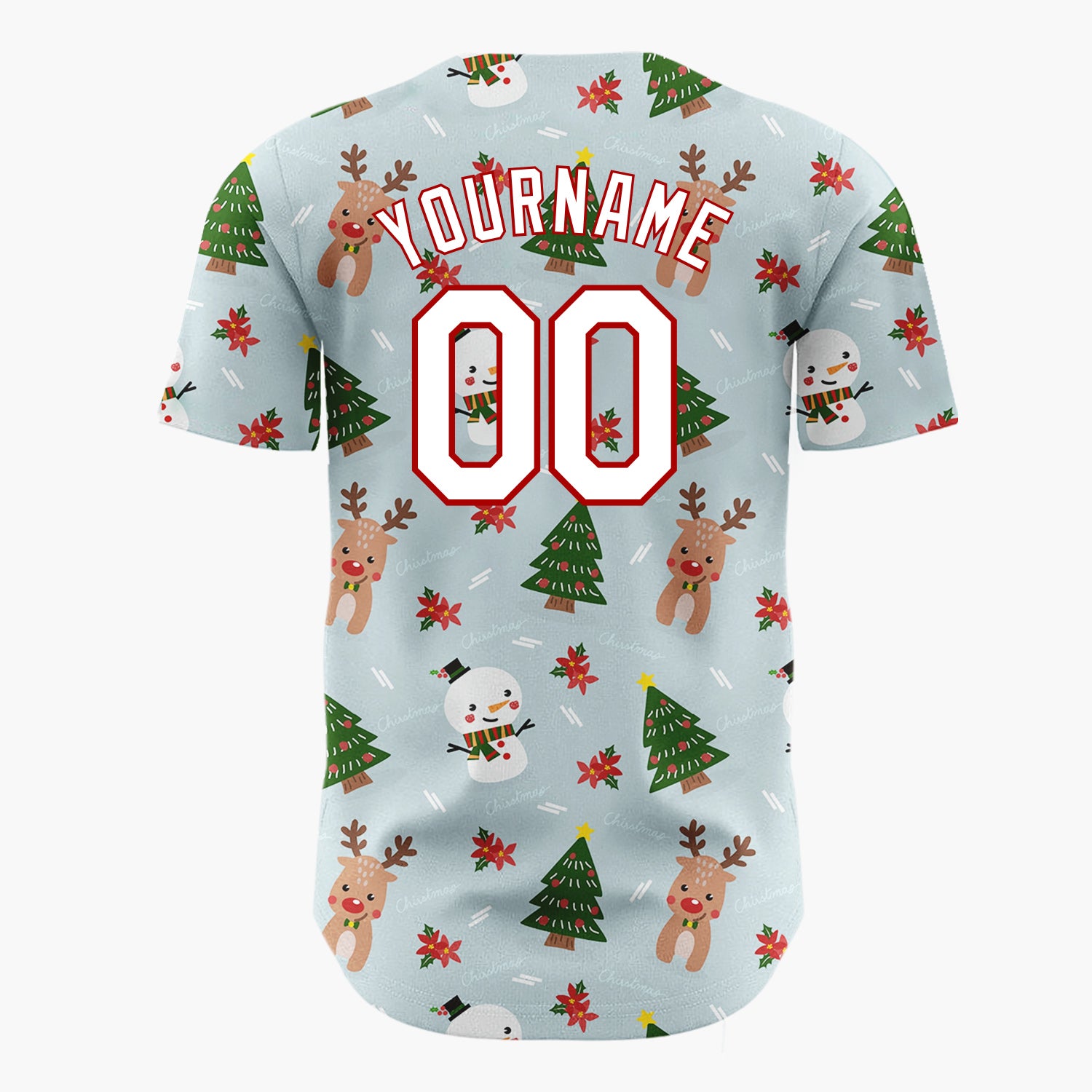 Custom Blue Snowmen Reindeer Trees Cute Cartoon Christmas Baseball Jersey