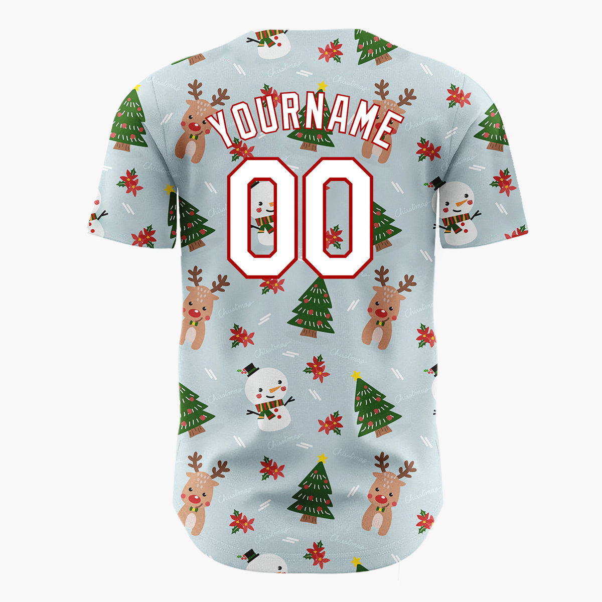 Custom Blue Snowmen Reindeer Trees Cute Cartoon Christmas Baseball Jersey