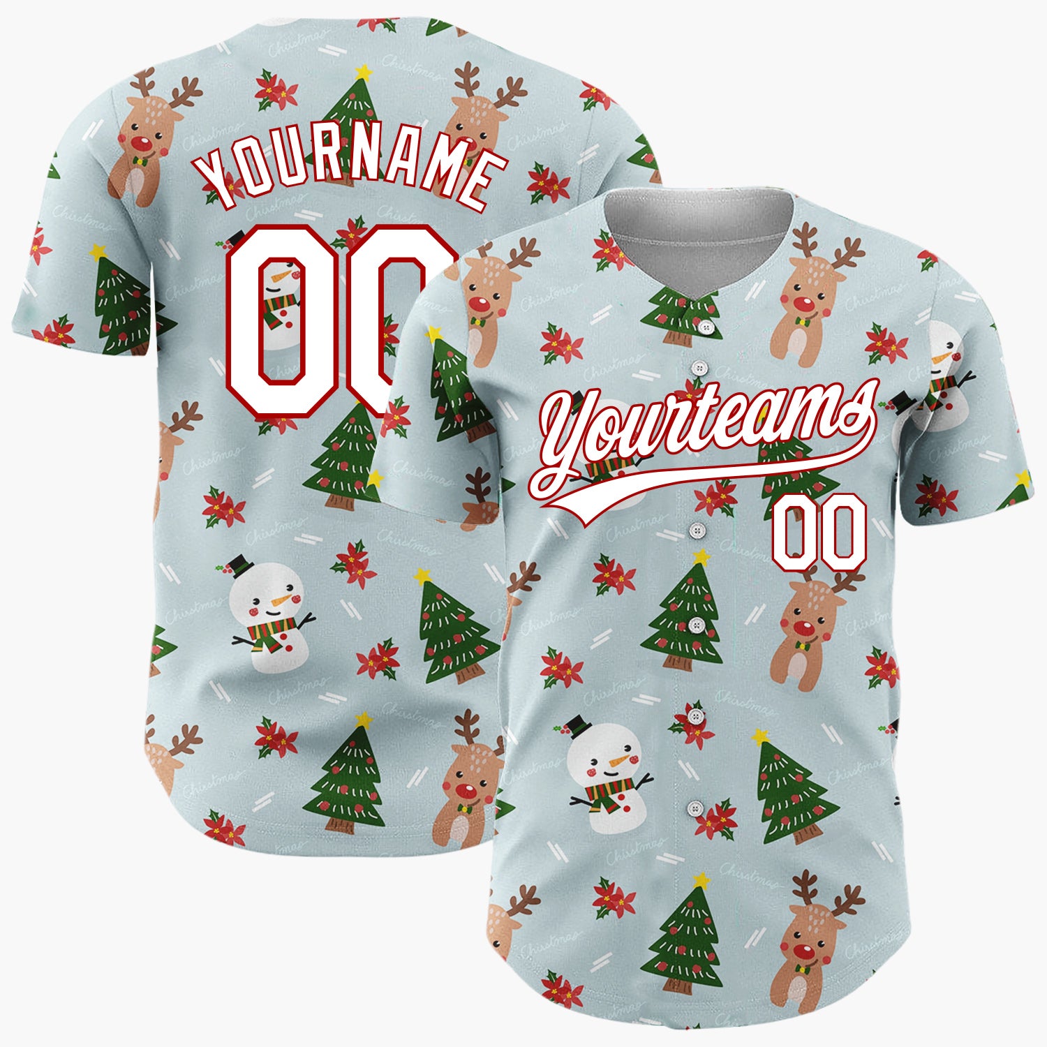 Custom Blue Snowmen Reindeer Trees Cute Cartoon Christmas Baseball Jersey