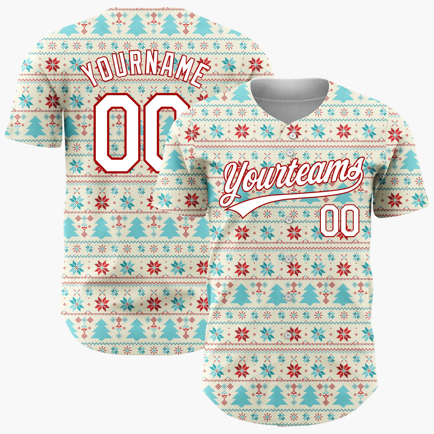 Custom Cream Snowflakes And Christmas Trees Nordic Fair Isle Christmas Baseball Jersey